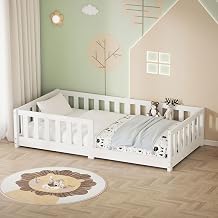 ML-Design Low Bed for Children and Girls, 80 x 160 cm, White, Solid Pine Wood, with Slatted Base and Fall Protection, Montessori Bed for Children, Floor Cot for Children's Beds