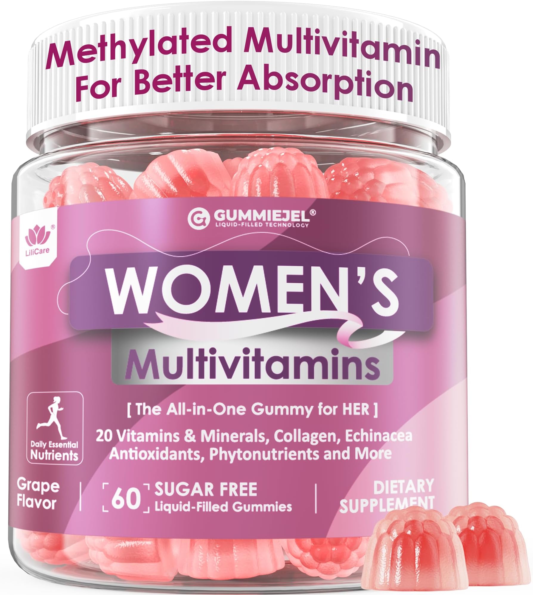 Womens Multivitamin Gummy, Methylated Multivitamin for Women, Biotin, Methylfolate, Iron, Collagen, Vitamins A C D, B Complex, Antioxidants for Women's Daily Support, Beauty, Immune, No Sugar, 60 Cts