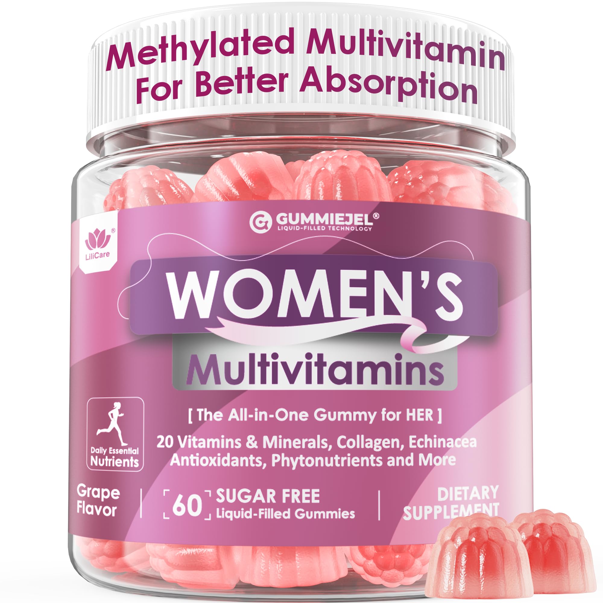 Womens Multivitamin Gummy, Methylated Multivitamin for Women, Biotin, Methylfolate, Iron, Collagen, Vitamins A C D, B Complex, Antioxidants for Women's Daily Support, Beauty, Immune, No Sugar, 60 Cts