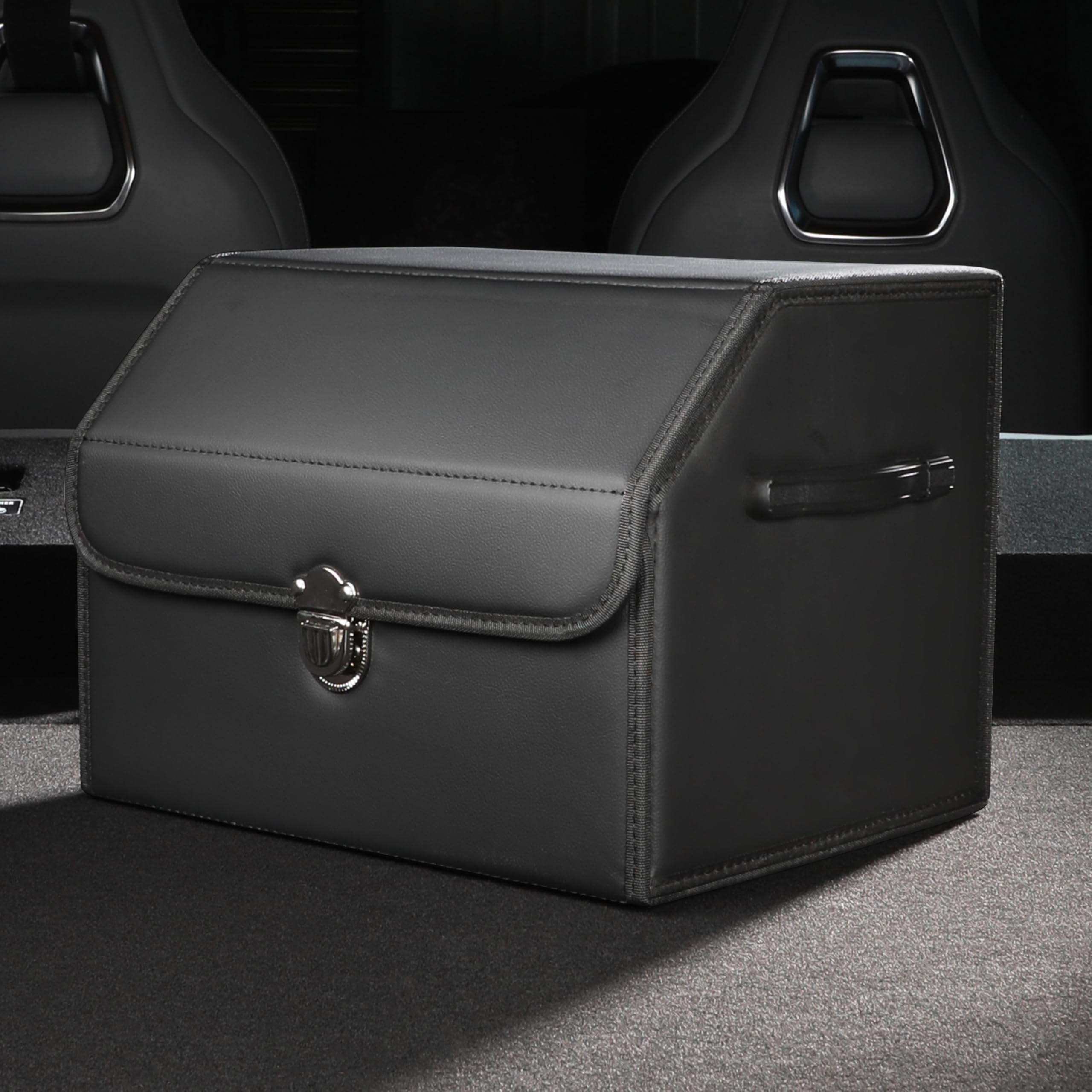 POKSRI Trunk Organizer,car organizers and storage,black Leather Storage Box with lid,Fiberboard,Collapsible,2K inches³(size A)