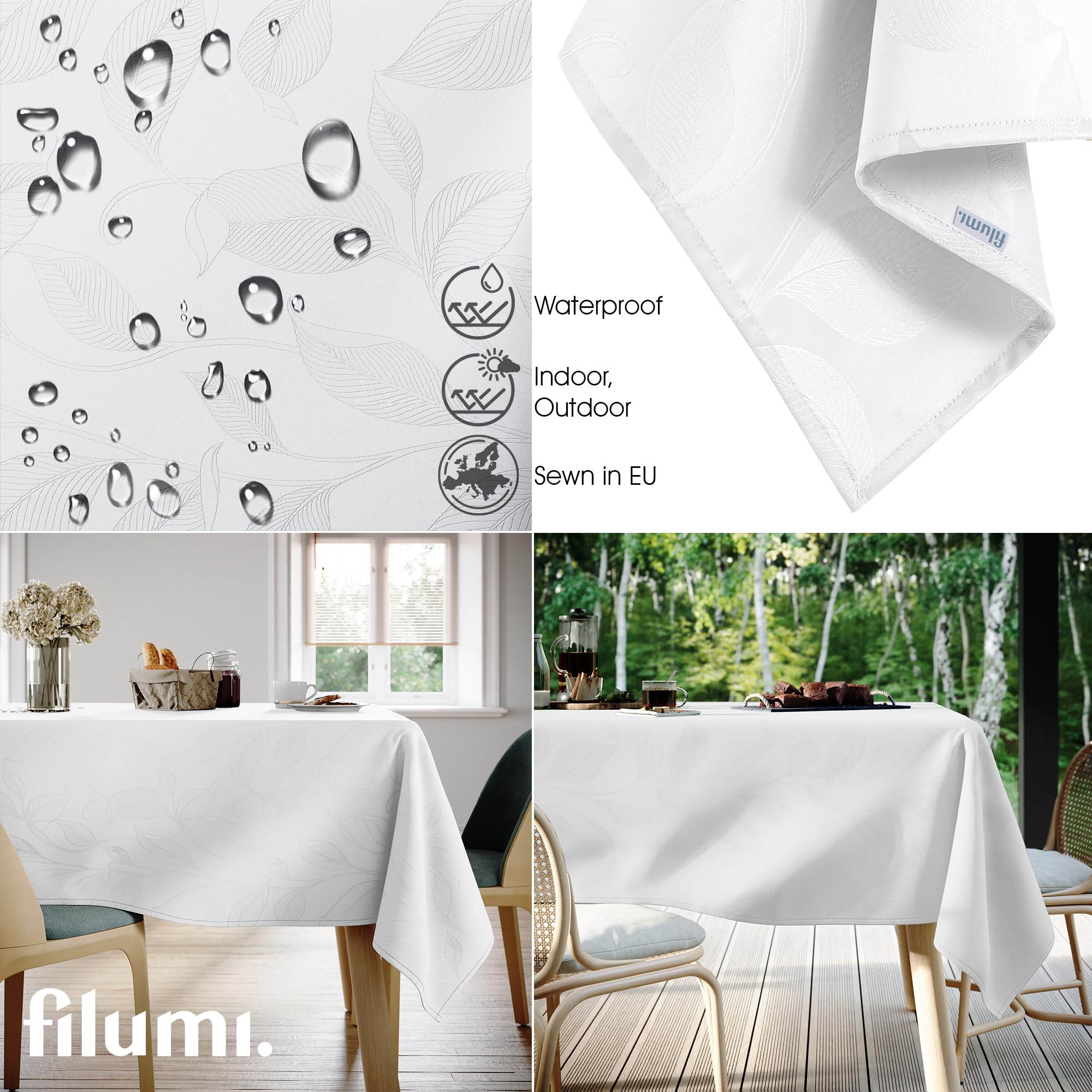 Tovaglia ovale, 140 x 240 cm, colore bianco, lavabile, per interni ed esterni, motivo vegetale Amalu