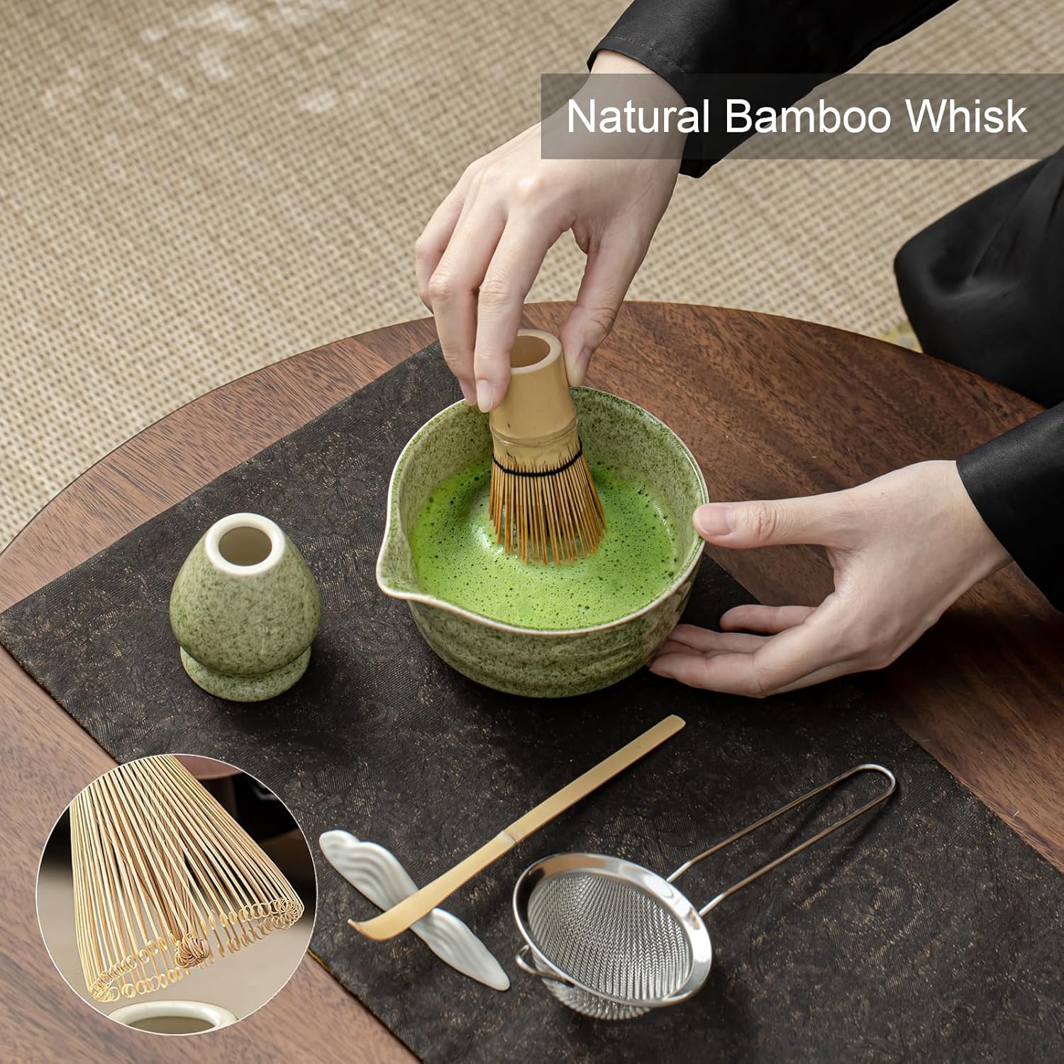 Matcha Set, Matcha Whisk Set Includes Matcha Bowl with Spout, Bamboo Whisk, Matcha Whisk Holder, Sifter, Scoop, Spoon Holder, Tea Towel- 7pcs Perfect Matcha Kit for Matcha Tea Ceremony - Image 3