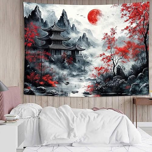 Miniatura 5 de Tapiz de anime japonés negro y rojo, tapiz de bosque de montaña con flor de cerezo para colgar en la pared, tapiz de paisaje de naturaleza asiática
