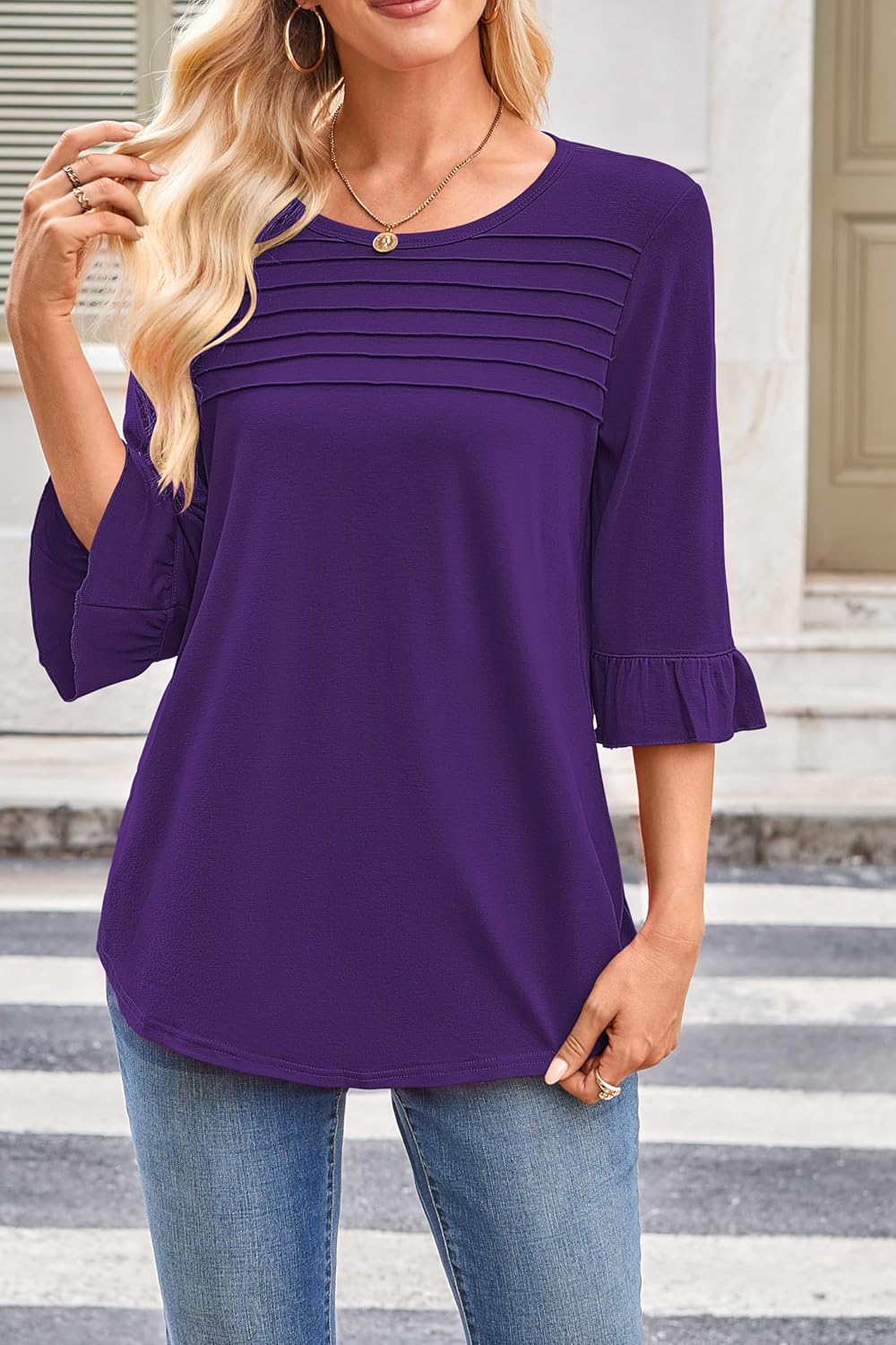 Halife Womens 3/4 Length Ruffle Bell Sleeve Pleated Flowy Dressy Casual Tops Blouses - Image 3