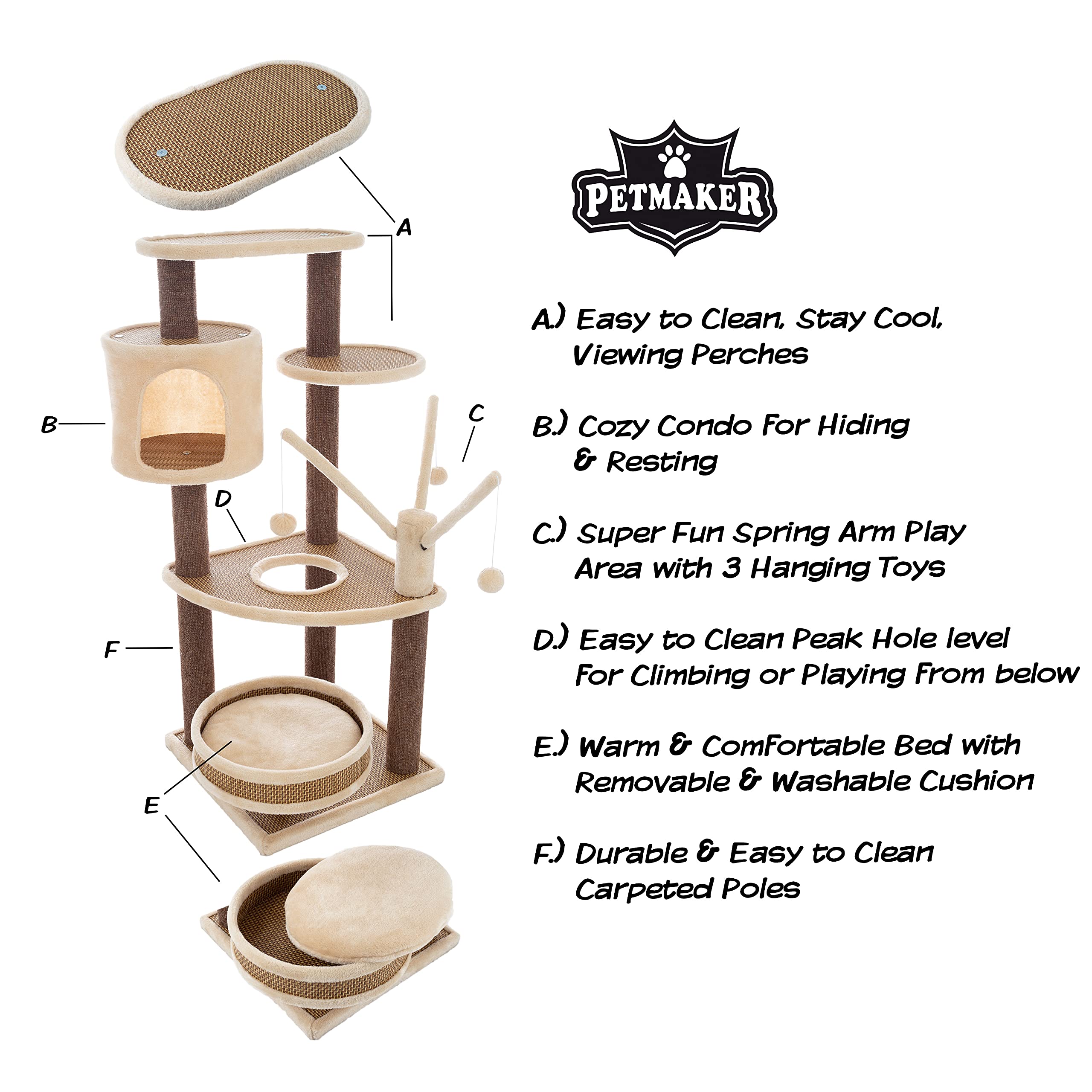 6-Tier Cat Tower- Cushioned Pet Bed, Napping Perches, Kitty Condo Hut, and Spring Arms with 3 Hanging Toys Fully Carpeted by PETMAKER (Brown/Beige)