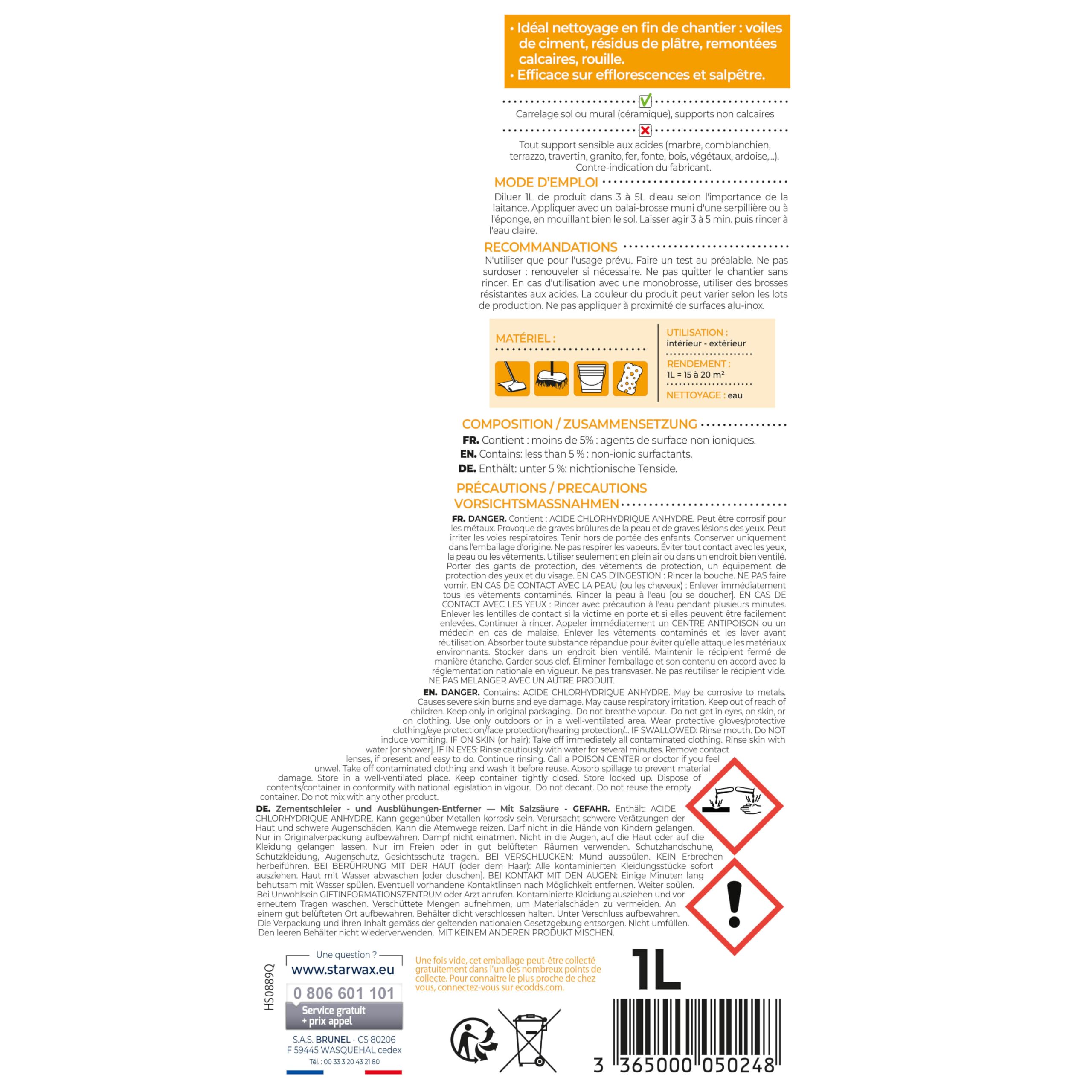 STARWAX Décapant Laitance de Ciment à l’Acide Chlorhydrique 1 L