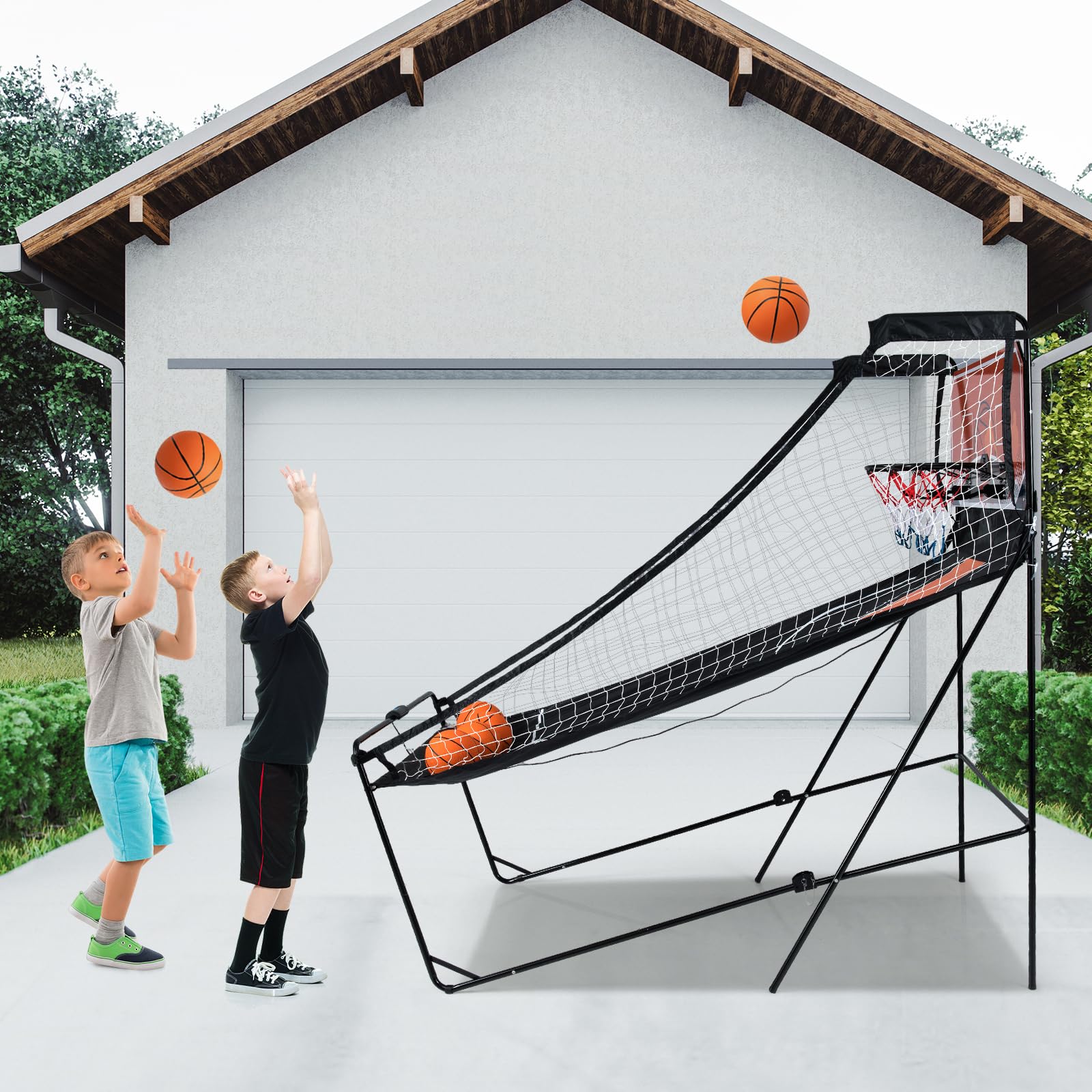 GYMAX Faltbares Basketballspiel für 2 Spieler, elektrischer Basketballautomat mit 4 Bällen, 8 Spielmodi, 2 Basketballkörben & Pumpe, Basketball-Wurfmaschine für Erwachsene & Kinder