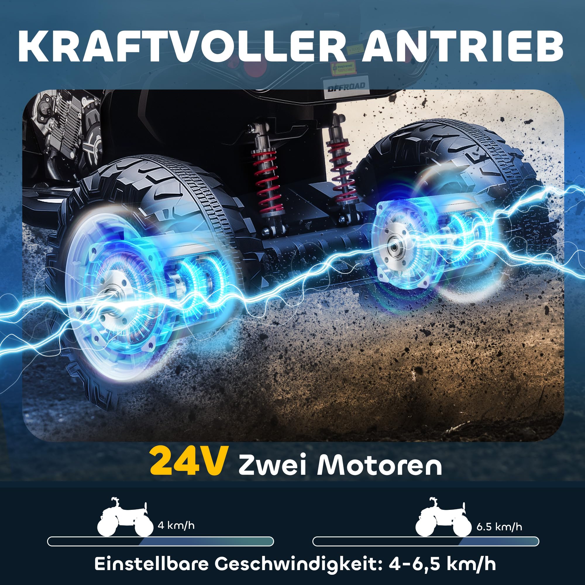 AIYAPLAY 24V Elektro Quad für Kinder Vorwärts-, Rückwärtsfunktion Schwarz | Kinderquad, 4 Gefederte Räder, Scheinwerfer, USB- & MP3-Anschluss, 2 Sitzer Kinderfahrzeug, 4-6,5 km/h, Für 3-8 Jahre