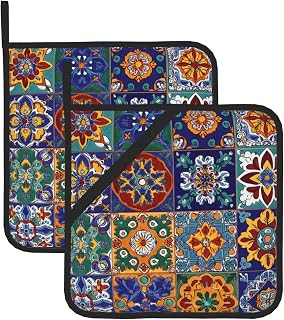 Boho Talavera Mexican Tiles Pot Holder Set of 2 Mandala Heat Resistant Potholders Oven Hot Pads for Kitchen Cooking Baking BBQ Holiday Decors