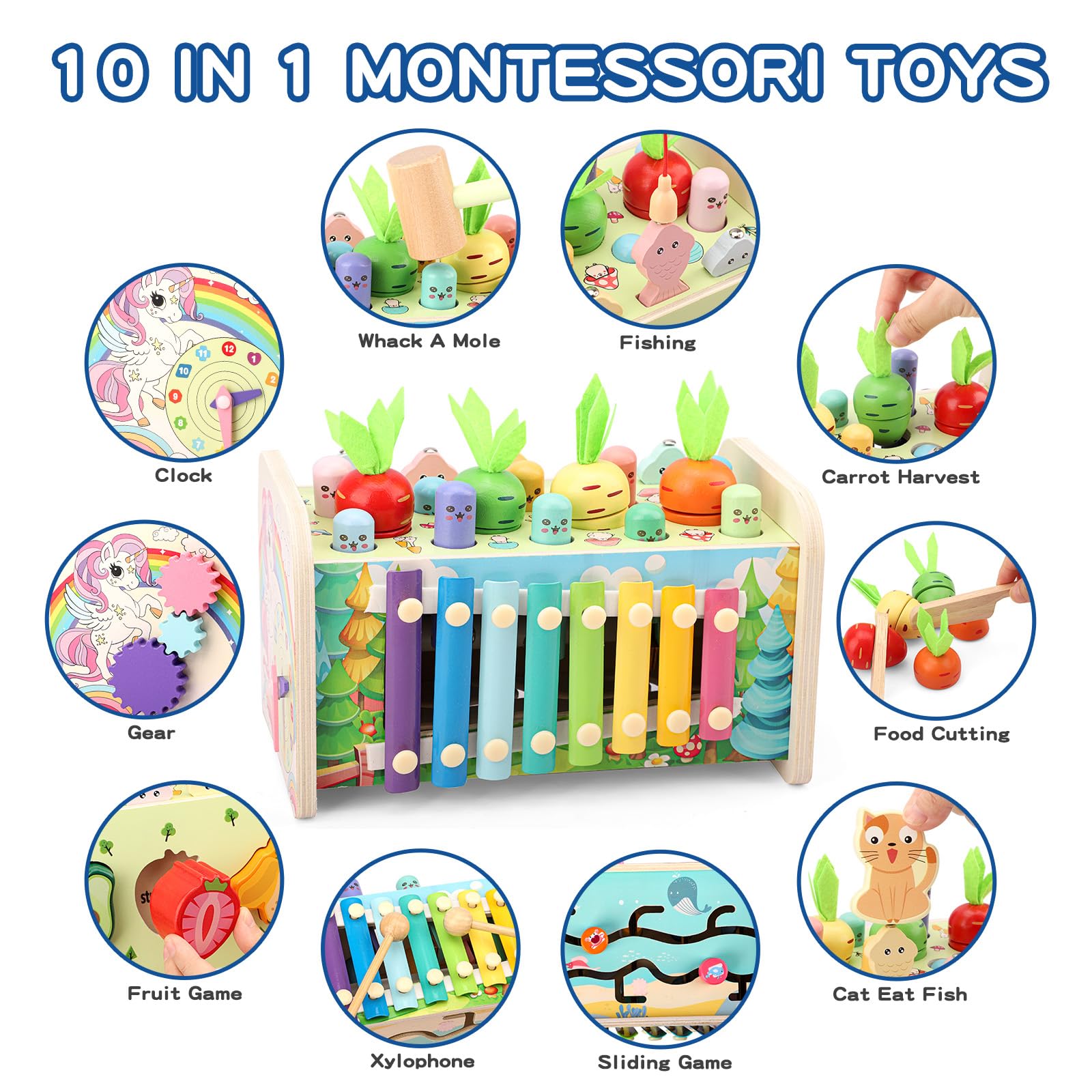 10 in 1 Giochi Montessori 1 Anno, Giocattoli Bambini Cubo Multiattivita Legno Gioco Educativi Bambi con Gioco Pesca, Strumenti Xilofono, Acchiappa La Talpa, Regalo Compleanno 2 3+ Anni 12+ Mesi
