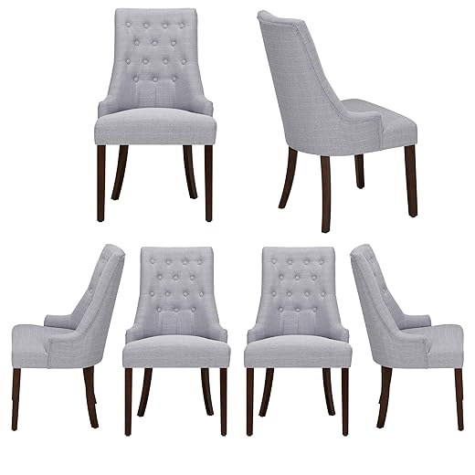 COLAMY Wingback Upholstered Dining Chairs Set of 6, Fabric Side Dining Room Chairs with Tufted Button, Living Room Chairs for Home Kitchen- Light Grey