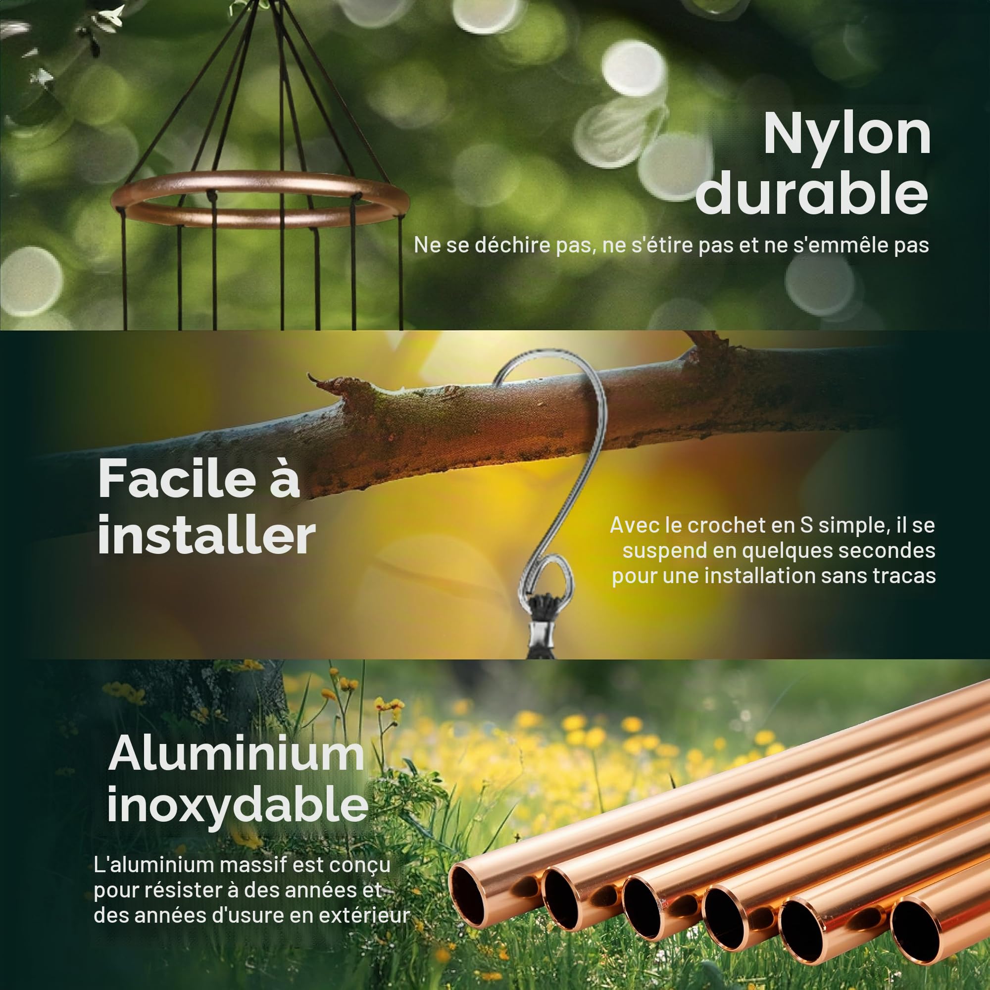 Nature's Melody Aureole Tunes Carillon à vent d'extérieur, 6 tubes, gamme pentatonique de Mi, aluminium inoxydable, finition poudrée, crochet en S, pour condoléances, cadeau commémoratif, jardin zen