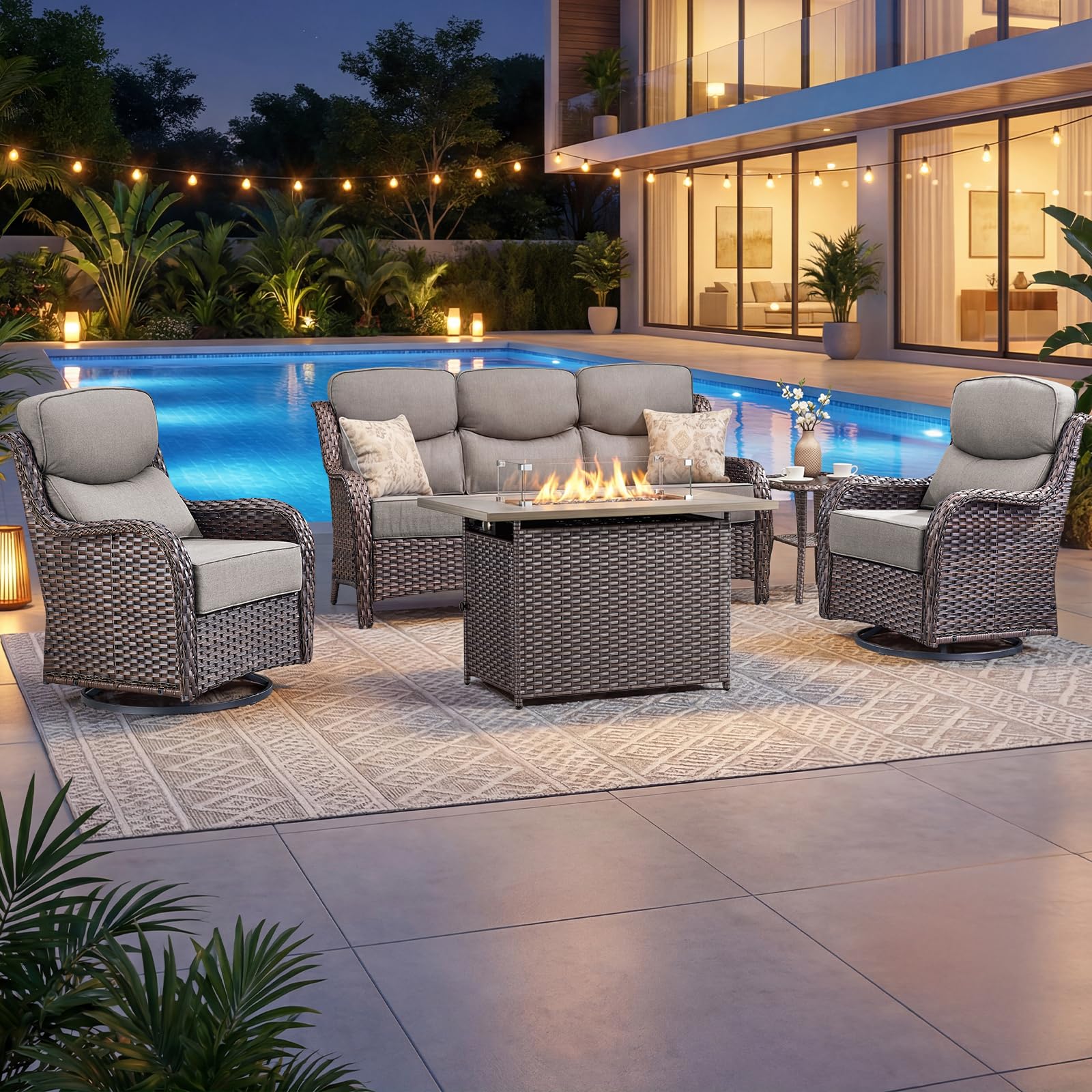 Luxury Patio Furniture Set with 6-inch Thick Cushion, Outdoor Furniture with Fire Pit Table, Swivel Chairs, Side Table, Sofa, 5pcs Wicker Conversation Set for Deck Yard (Brown Wicker | Grey Cushion)