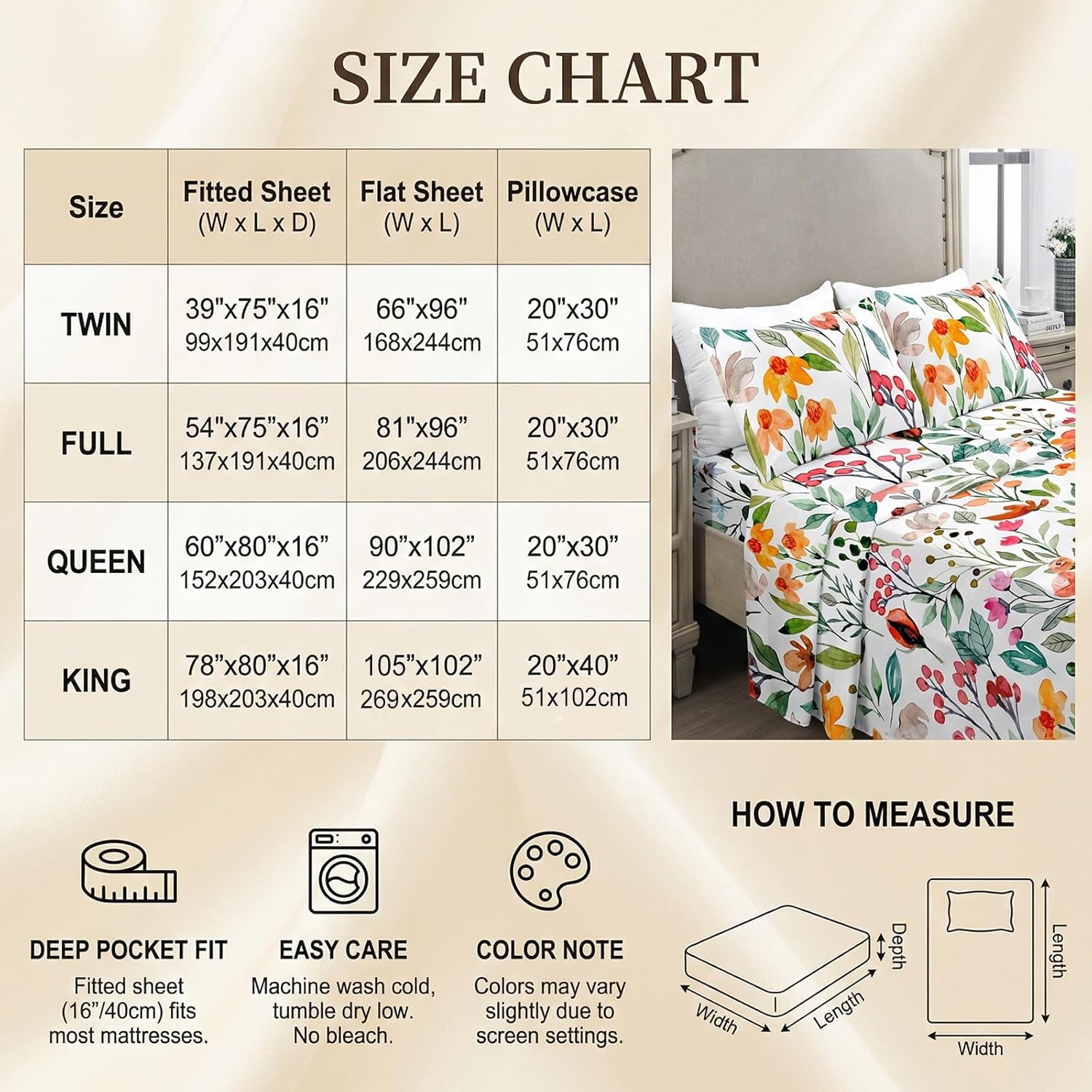 YIYEA Floral Sheets Full Size, Premium Double Brushed Microfiber Bed Sheet Set for All Season, Soft Breathable, 16" Deep Pocket, Shrinkage and Fade Resistant, 4PC, Full