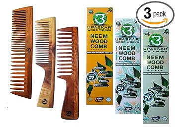 UPASKAR WOOD WORKS Neem Wood Dual, Wide & Fine Teeth Comb Combo Pack Enriched with Pure Neem Oil for Daily Hair Care and Scalp Oil Massage (Combo of 3 Dual,Wide & Fine teeth Combs)