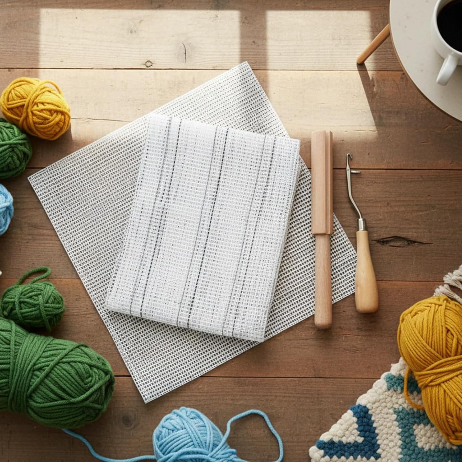 19.7 X 39.4 in Black Line Rug Mesh Fabric Canvas, DIY Rug Making Supplies Kit with Wood Handle Latch Hook Tool, Groove Stick for Handmade Carpet Mat