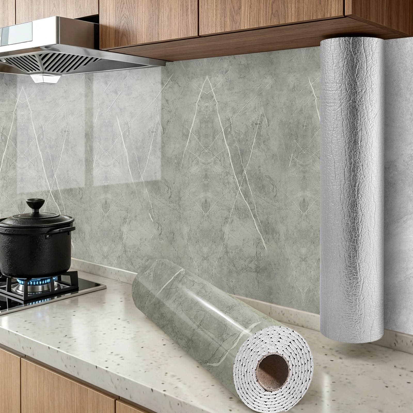 3Roll Grey Marble Self Adhesive Wallpaper Peel and Stick Wallpaper For Kitchen Splashback Bathroom, 2.3mm Thick Sticky Back Plastic Vinyl Removable Paper Thermal Waterproof Insulating Wall Paper Roll