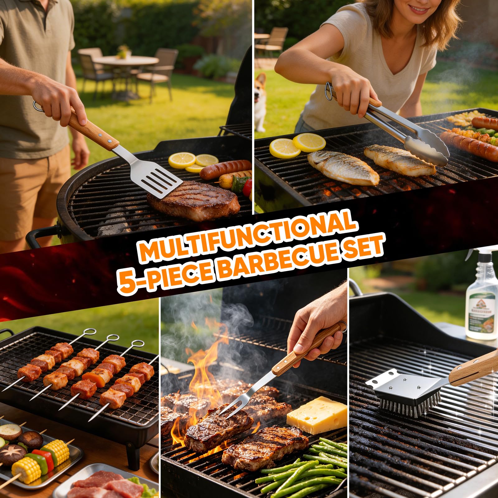 Kit Barbecue 5 Pièces, Ustensiles Barbecue en Acier Inoxydable Épais avec Manche en Bois Extra Long 42,6cm, Accessoire Barbecue avec Sac de Transport, Cadeau Homme pour Camping et Grillade