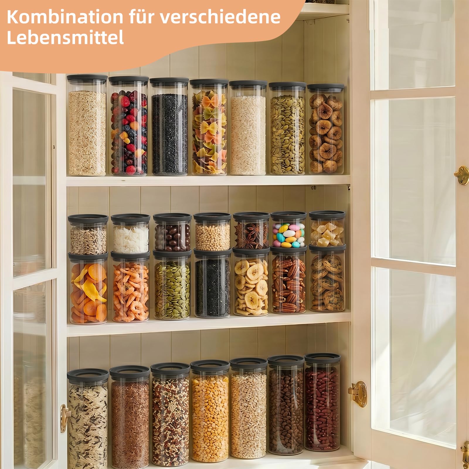 twoant Juego de 4 Redondos Tarros de Cristal Con Tapa Hermética transparente y apilable，1200ml Cocina Botes Almacenaje Ideales Para Guardar Especias, Pasta, Legumbres, Avena, Cereales, Etc