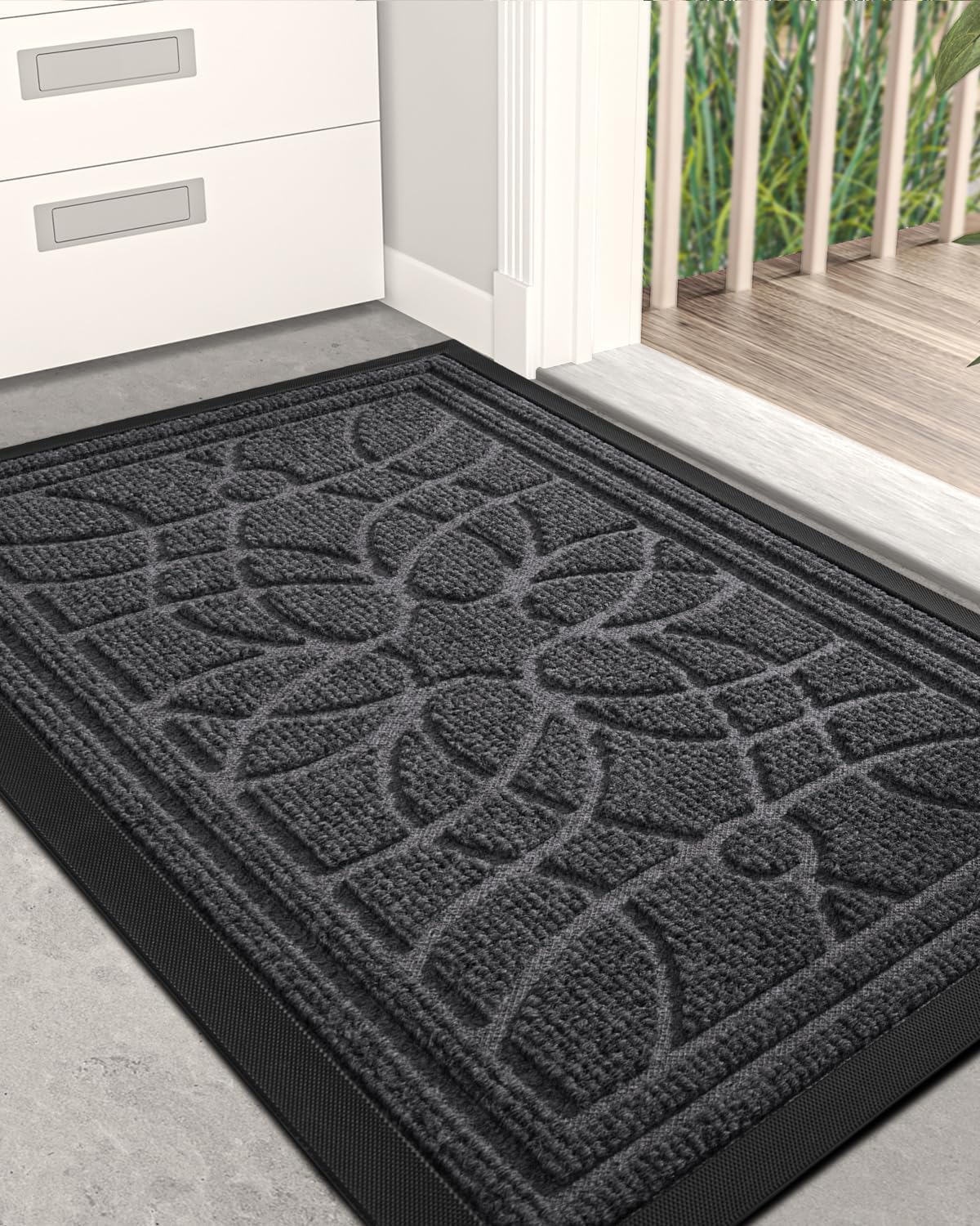 DEXI Front Door Mat Outside Entrance, Heavy Duty Non Slip Low Profile Doormat for Entryway, Trap Dirt and Moisture Welcome Mats, Easy Clean, Patio, Garage, 17x29, Grey