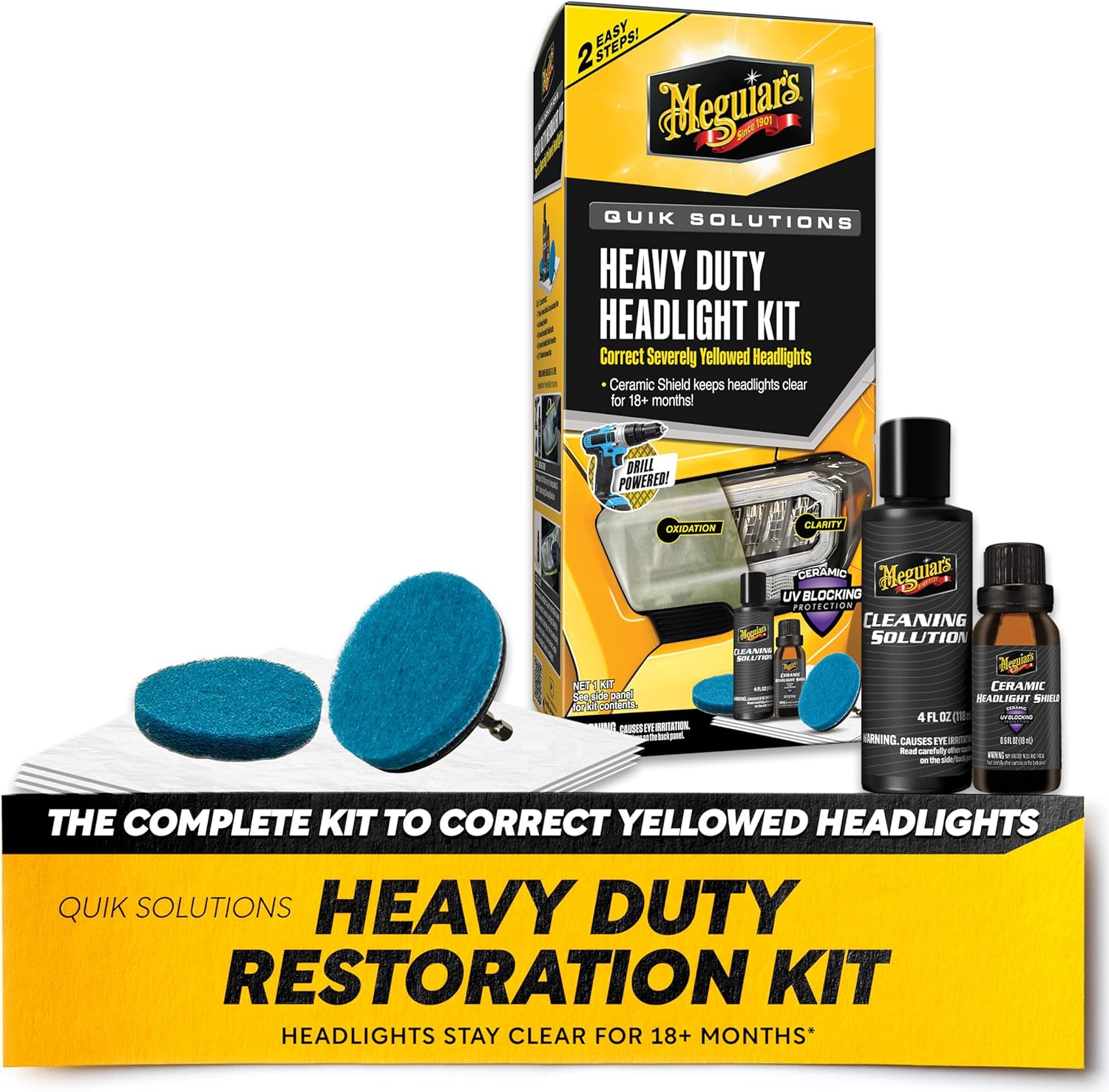 Meguiar's Heavy Duty Headlight Kit,This Headlight Restoration Kit Includes Headlight Cleaner, Ceramic Protection, Drill Backing Plate, Pads, & Towelettes, 18 Plus Months of Protection, Car Care Kit
