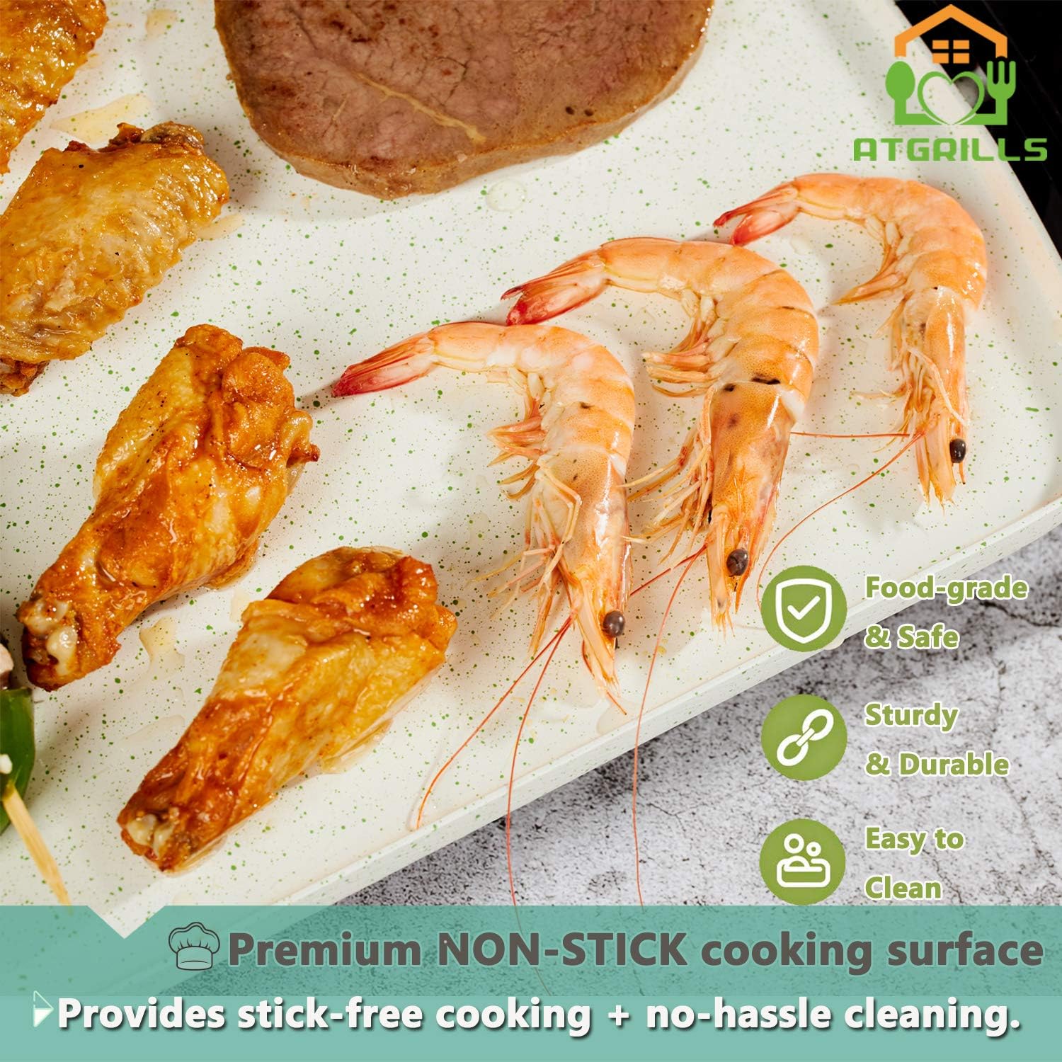 Electric Griddle Non-Stick, Smokeless Kitchen Electric Griddle with Drip Tray & Temperature Control for Indoor/Outdoor, 10"x21" Family-Sized (White, Non-stick Ceramic coating)