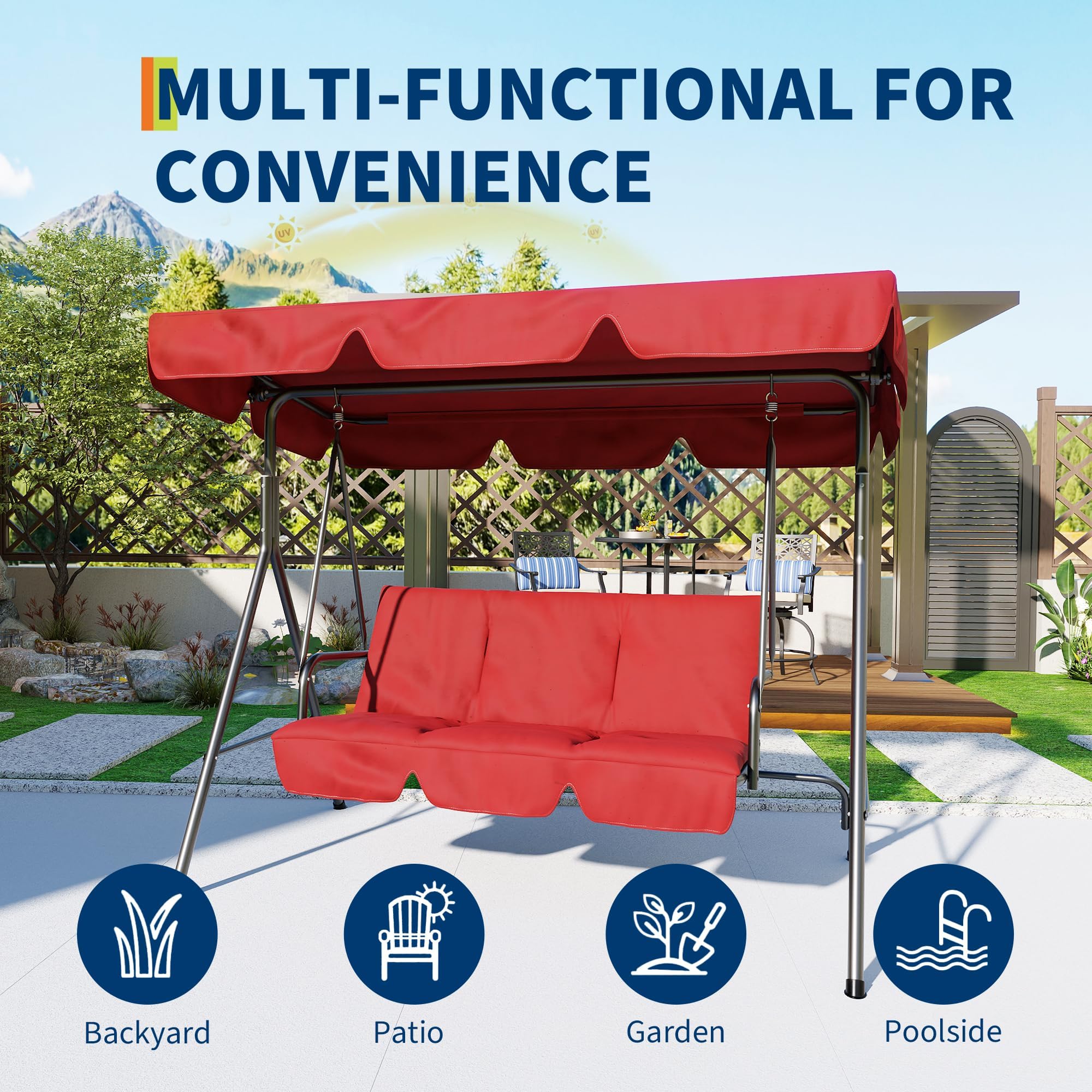 Balancelle De Patio 3 Places, Hamac Suspendu De Porche Extérieur Avec Auvent Réglable Et Accoudoirs, Assise Et Dossier En Textilène Respirant, Banc Balancé Pour Jardin, Bord De Piscine, Jardin Arrière