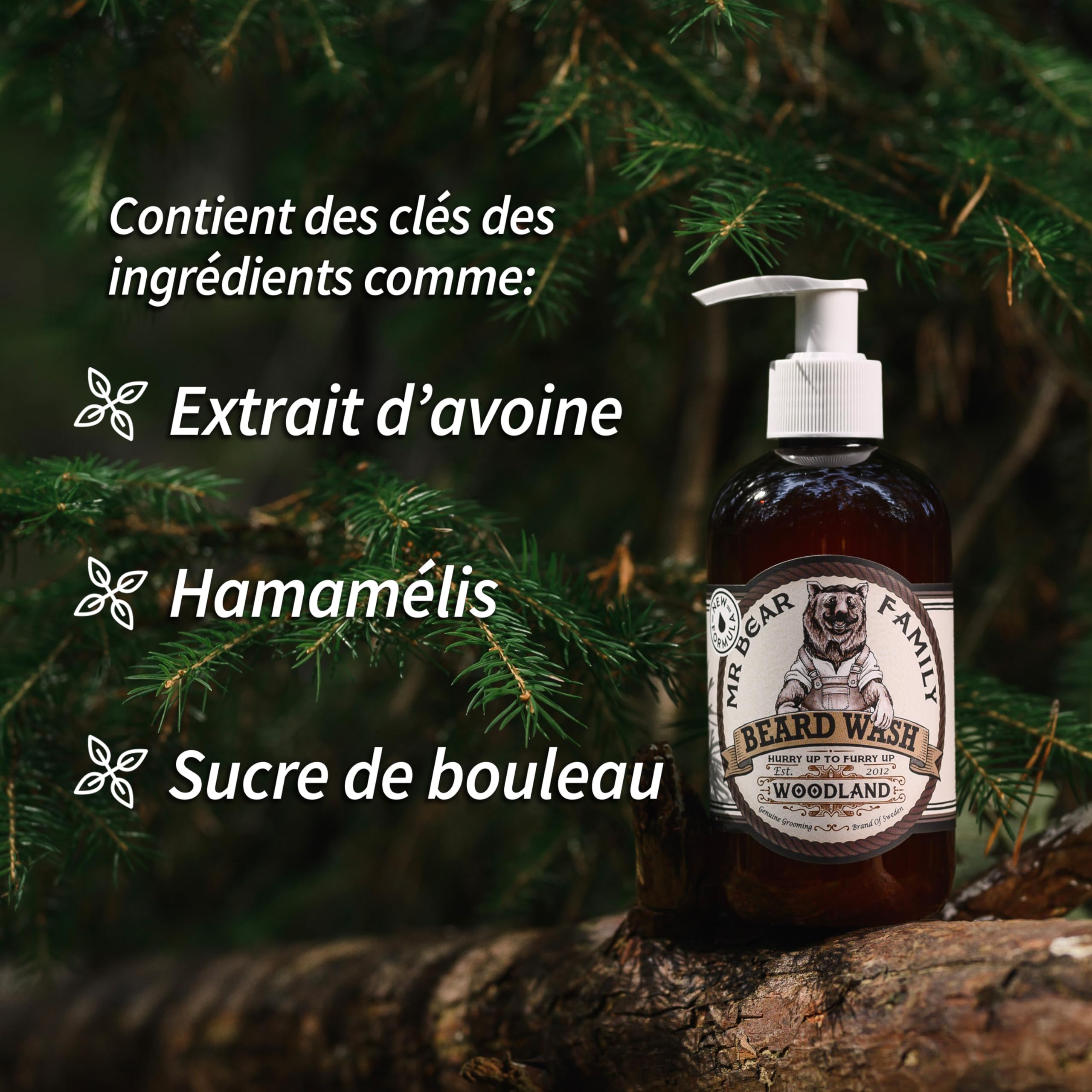 Mr Bear Family Shampoing barbe homme naturel 250ml - Boisé - plus d'hydratation pour une barbe plus fournie et plus saine - 2-en-1 savon à barbe et revitalisant pour barbe - Produit barbe hommes