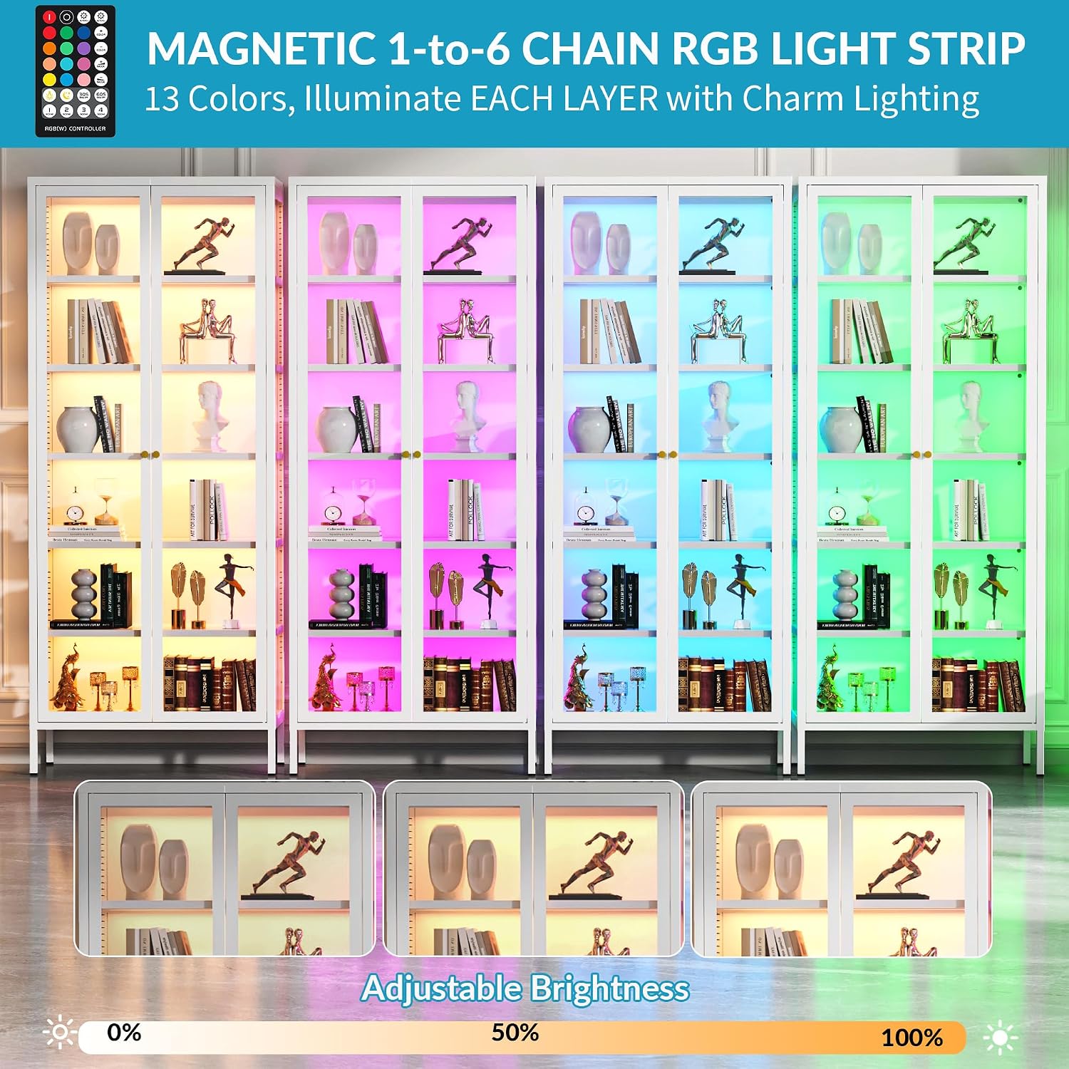 6-Tier Glass Display Cabinet with 13-Color RGB Light, 67” Curio Cabinet with Glass Doors & Adjustable Shelves, Metal Display Cases for Collectibles Figure Trophy, White