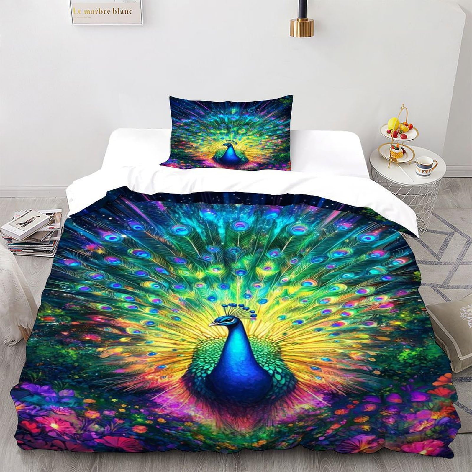 Parure de lit paon microfbre 135x200 cm avec sa taie d'oreiller pour lit simple