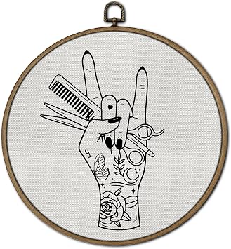 GTYNU Hair Stylist Round Wall Art Decor, Barber Shop Salon Decor Canvas Prints Framed, Rock Barber Hand Circle Wall Hanging Decorations for Hairdresser Beauty Studio, 10x10 Inch