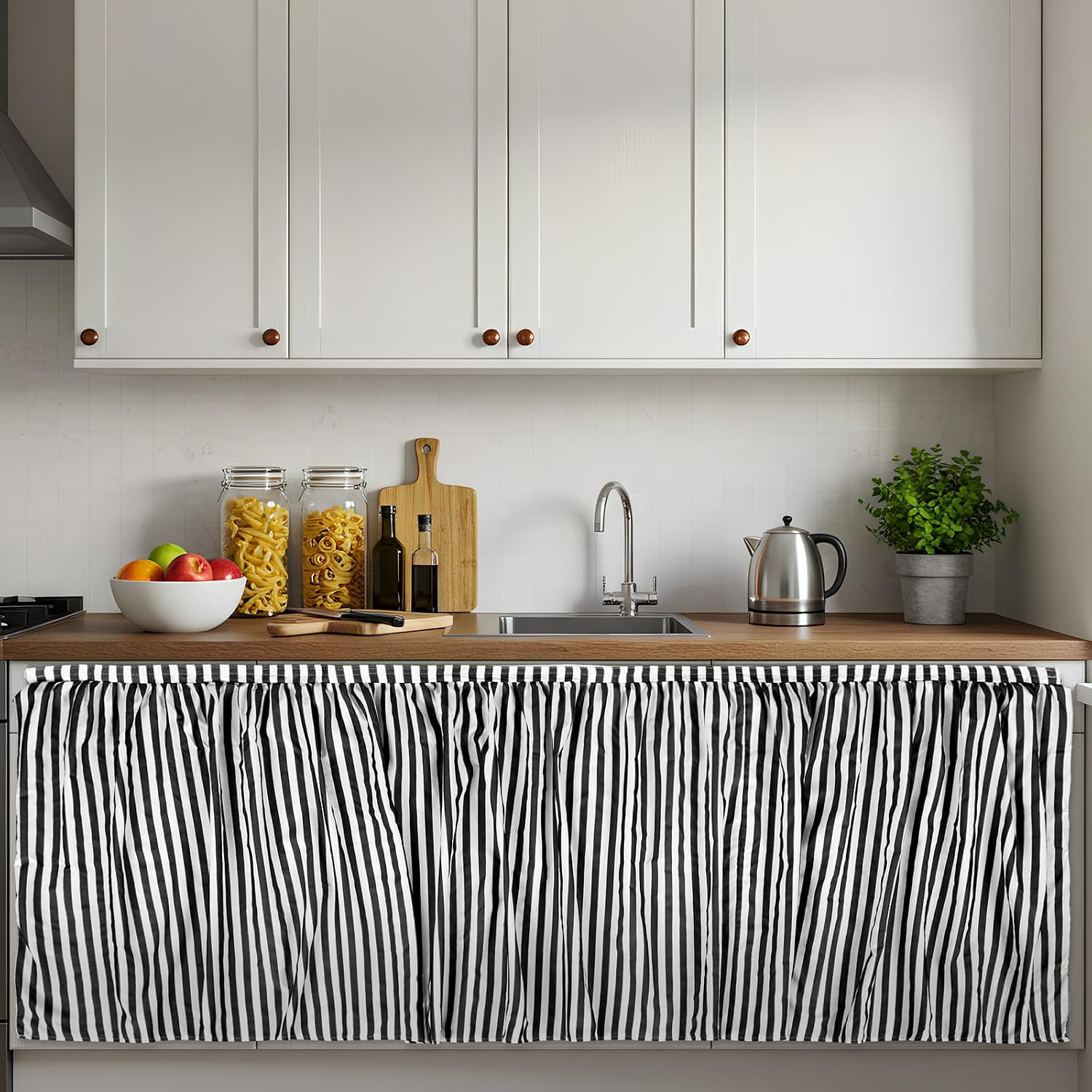 Boao 51 x 28 Cabinet Curtains Dishwasher Curtain for Shelves Privacy Closet Curtain Dust Proof Hook and Loop Under The Sink Curtains for Kitchen Storage Room, Black and White Stripe