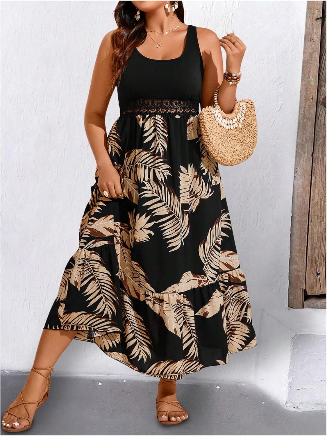 Women's Plus Size Tropical Print Ruffle Maxi Dress Lace Scoop Neck A Line Flowy Beach Vacation Dresses - Image 4