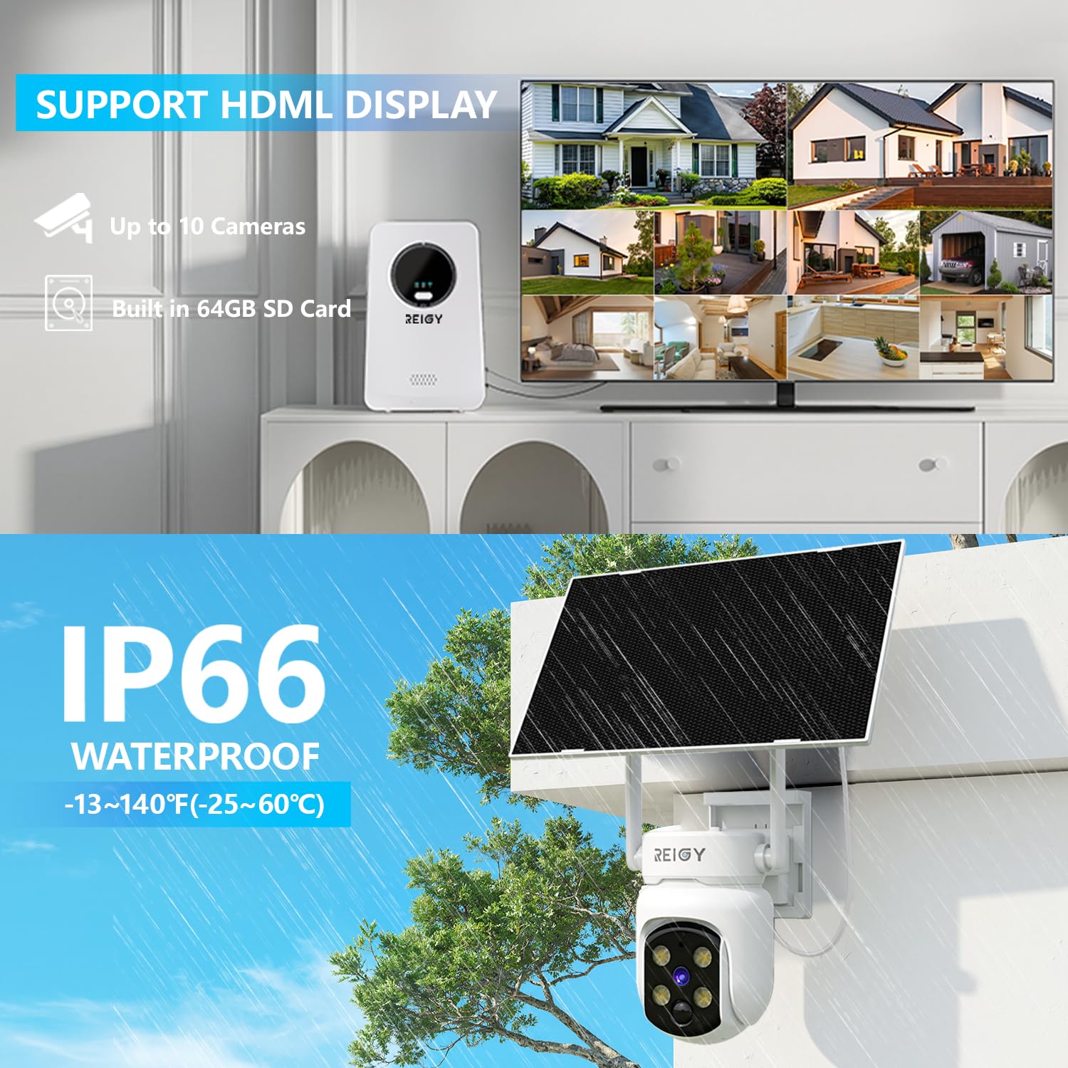 REIGY 4MP Kit Camara de Vigilancia WiFi Exterior/Interior Solar con Tarjeta SD de 64GB, 10CH Sistema Camara Seguridad sin Cable, 2X 360° PT Camera Visión Nocturna, Detección Movimiento, Audio 2 Vias