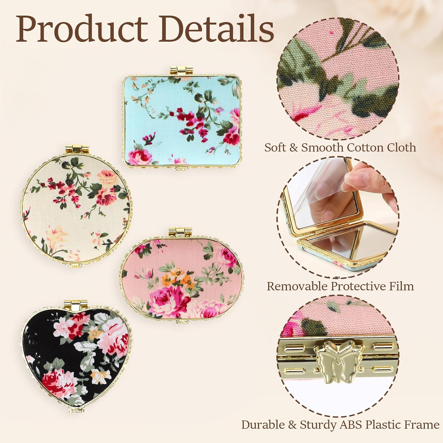 16 Pcs Compact Mirrors for Purse Bulk, Small Flower Pocket Mirror Set Vintage Floral Folding Hand Mirror for Women Makeup Travel Tea Party Favors Return Gifts (Gold Edge, 4 Shapes & Colors)