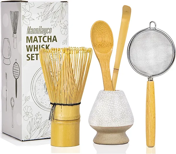 Bamboo Matcha Whisk Set 5pcs, Matcha Whisk, Whisk Holder, Traditional Tea Scoop Chashaku, Tea Spoon, Powder Starter Sifter, Japanese Tea Tools For Ceremony, Basic Matcha Tea Making Kit for Tea Lovers