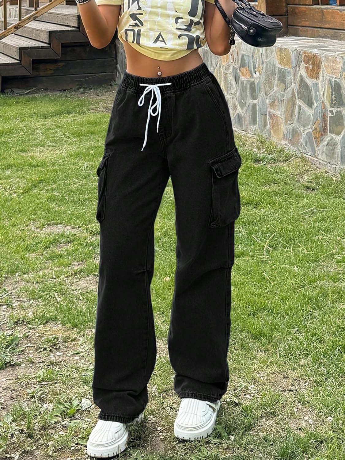 Cargo Jeans Women Elastic Waist Stretch Wide Leg Denim Pants Pockets Baggy y2k Streetwear Pants