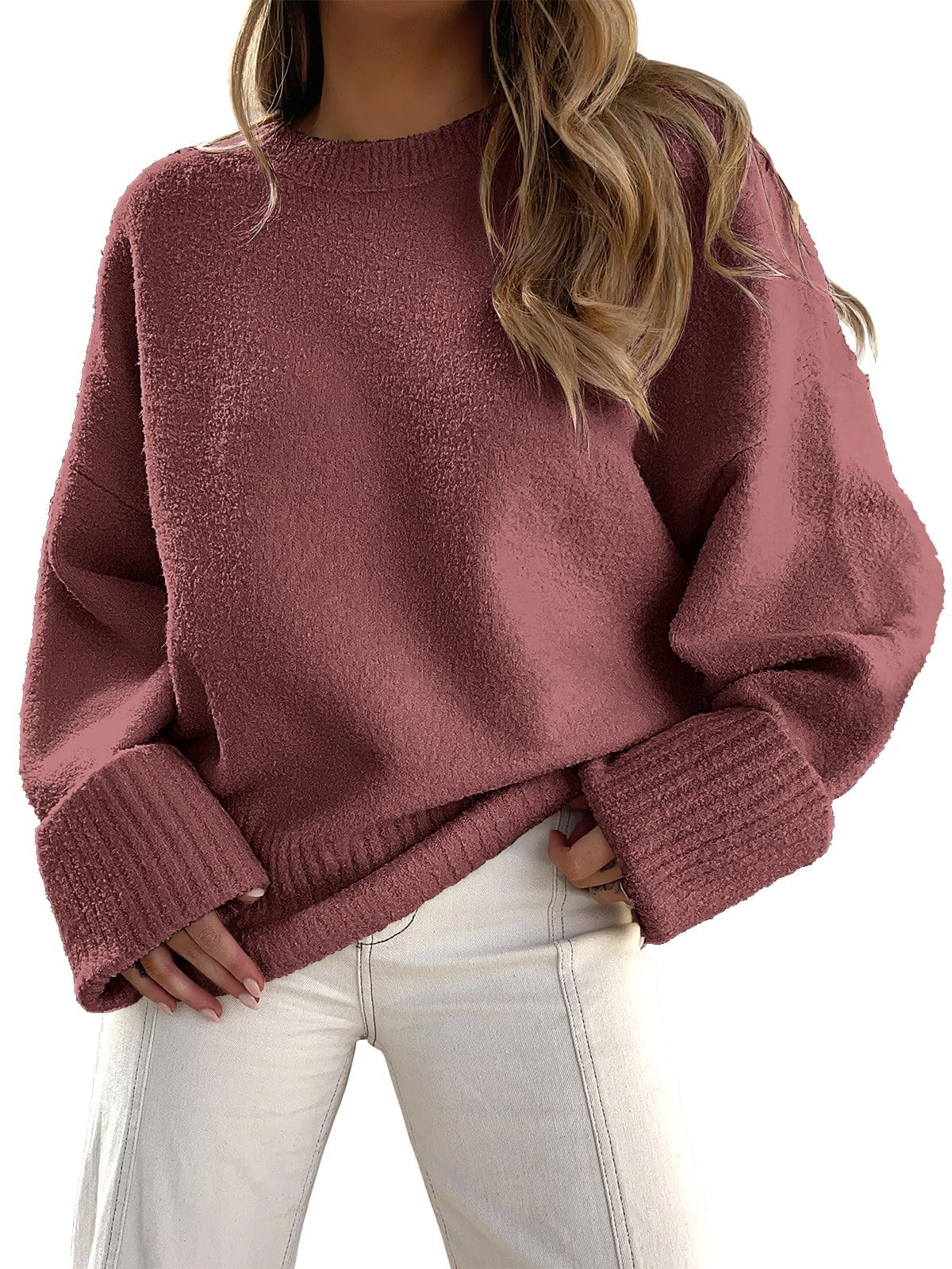 Fisoew Pullover Damen Rundhals Strickpullover Fuzzy Pulli Winter Oversized Sweatershirt Herbst Warm Oberteile Lose