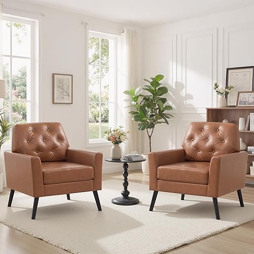 Miniatura 9 de Silla decorativa para sala de estar, silla de lectura moderna de mediados de siglo, sillón tapizado con respaldo copetudo y patas de madera, sofá PU