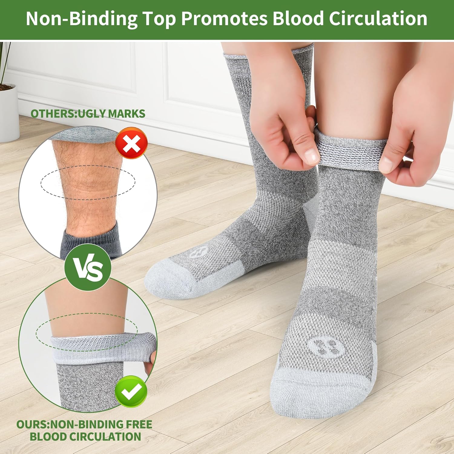 Diabetic Socks for Men,6 Pairs Bamboo Viscose No Binding Crew Diabetic Socks 9-12(Black+White+Dark Grey-Large) - Image 2