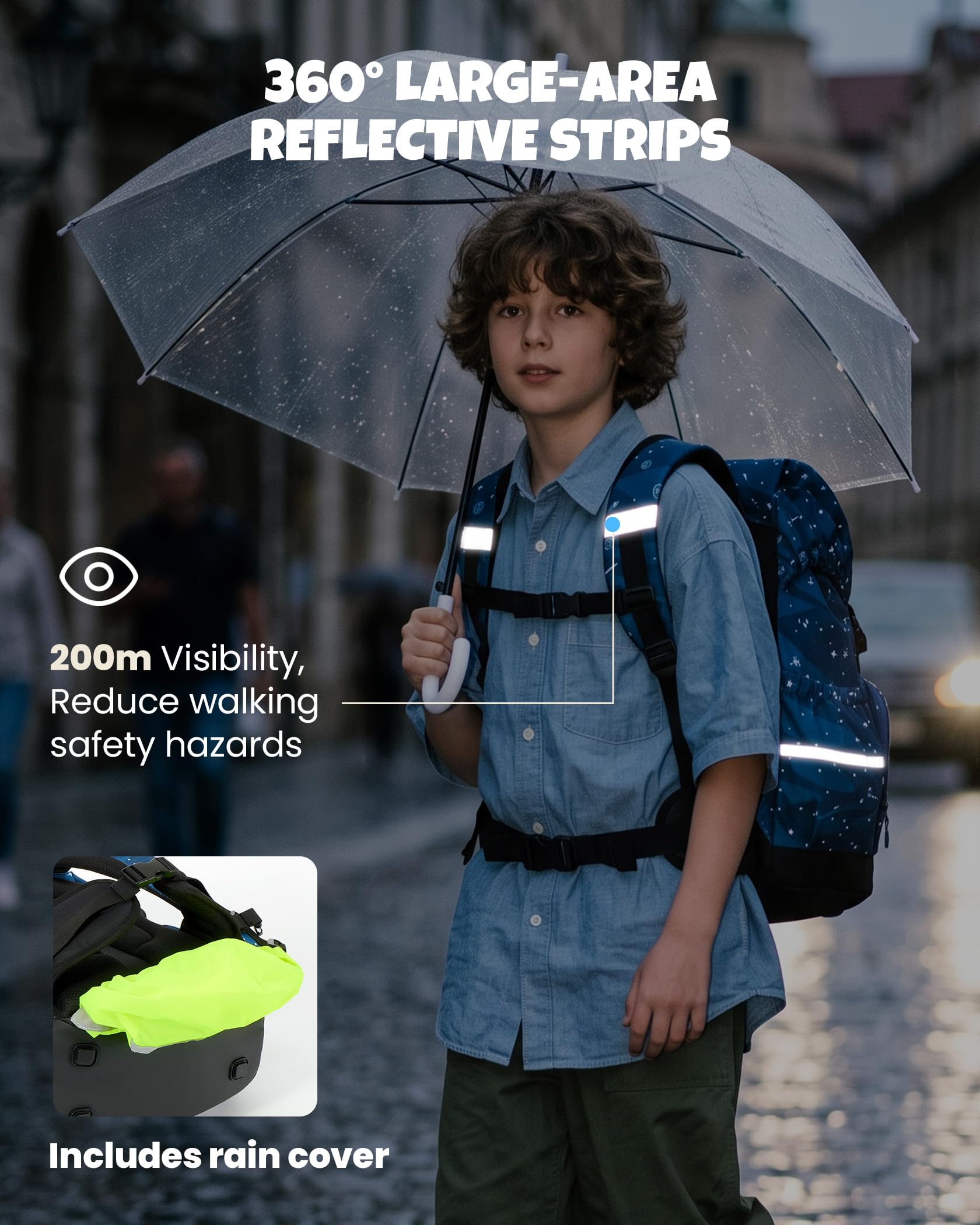 Amythe Cartable Ergonomique Garçon Set 3 Pièces CP-CM2, Ceinture Amovible | Enfant Sac à Cordon Chaussures, Pochette Compartimentée, Boucle de Poitrine, Bandes Réfléchissantes, Housse de Pluie