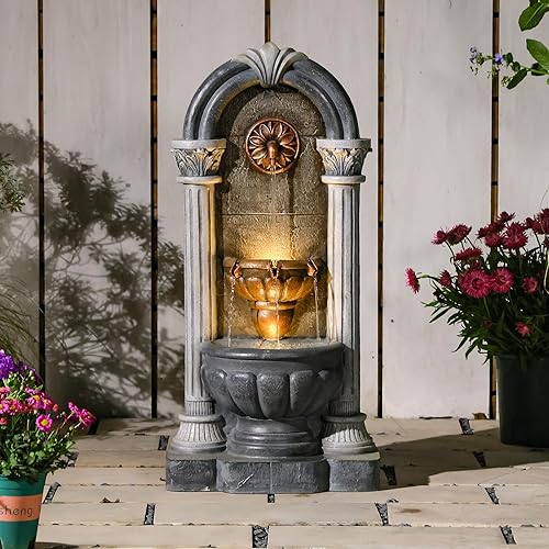 Miniatura 13 de Fuente de pared para exteriores con luces LED, fuente de agua independiente de 42.91 pulgadas de alto, gran función de cascada de patio, resina