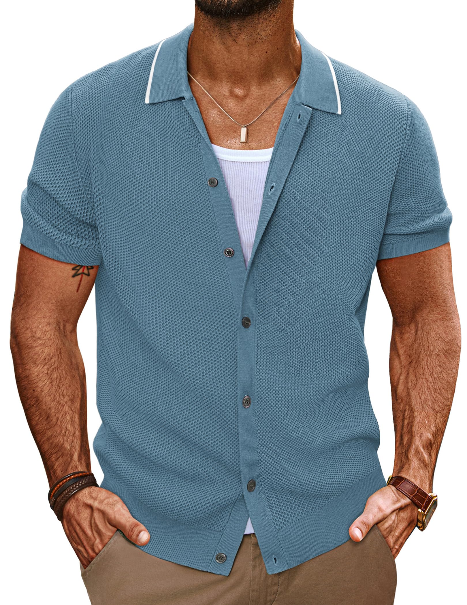 PJ PAUL JONES Men's Knit Button Down Shirts Short Sleeve Vintage Polo Shirt Casual Summer Beach Shirts