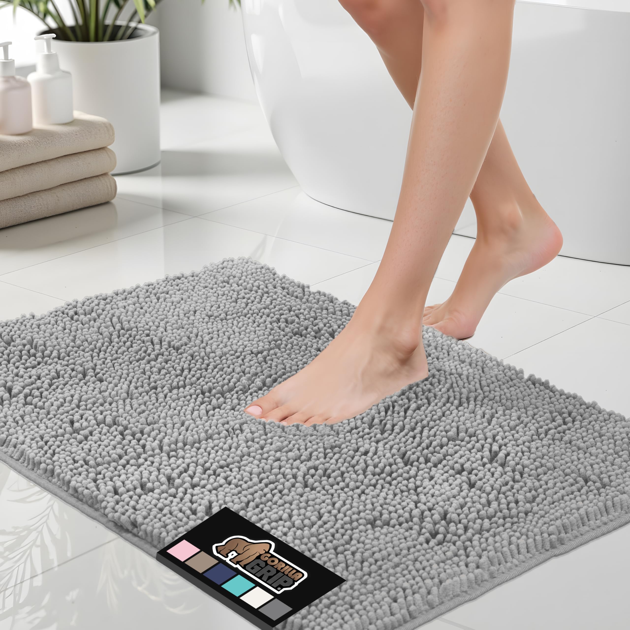 Gorilla Grip Bath Mat, Thick Soft Absorbent Chenille Floor Mats, Rubber Backing Bathmat, 91x61 cm, Quick Dry Rug, Machine Washable Rugs for Shower and Tub Floors, Bathroom Accessories Decor, Lt Grey