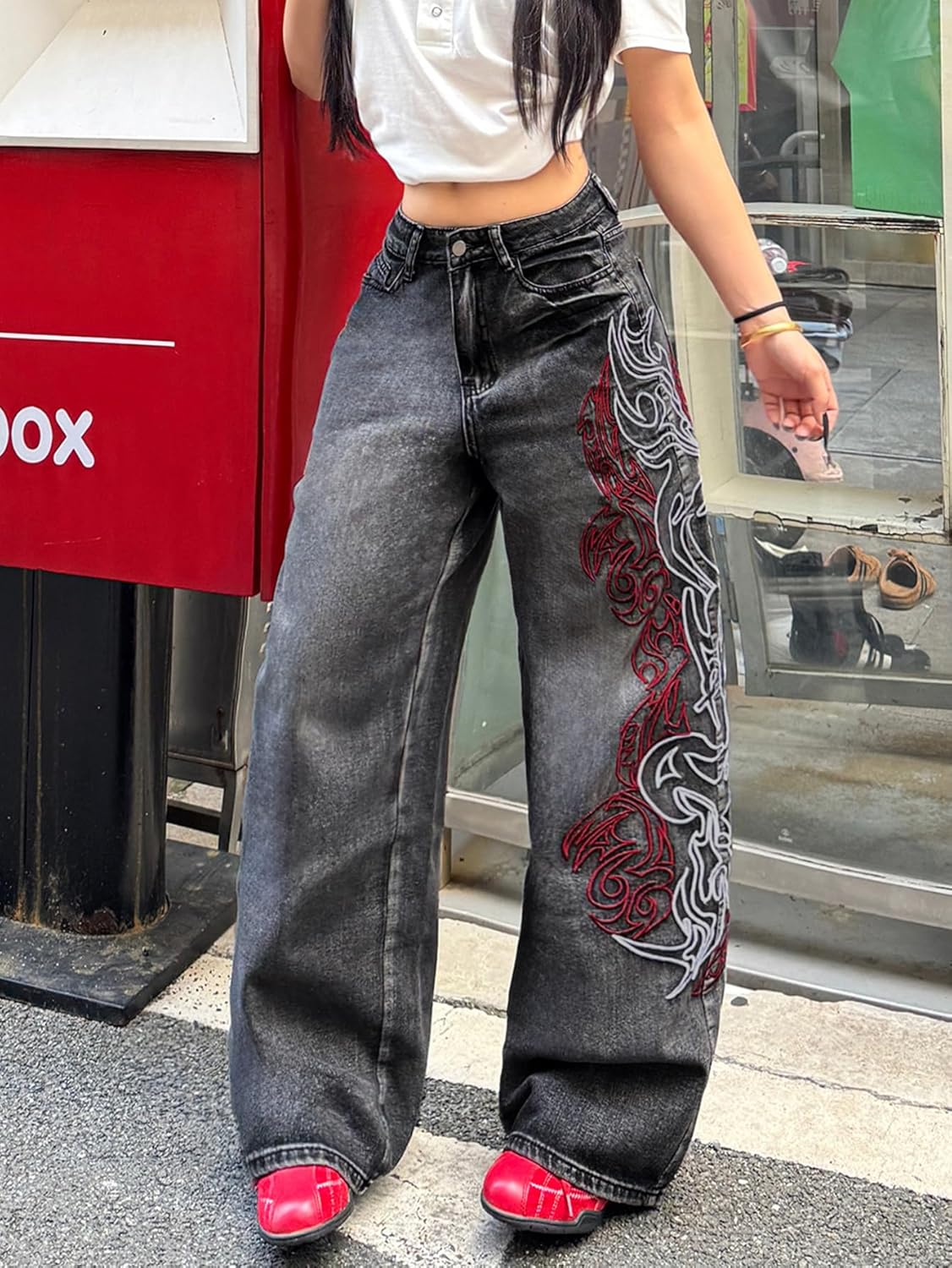 Women's Baggy Jeans Embroidered Wide Leg Jeans Y2k Hip Hop Loose Fit Denim Pants Skater