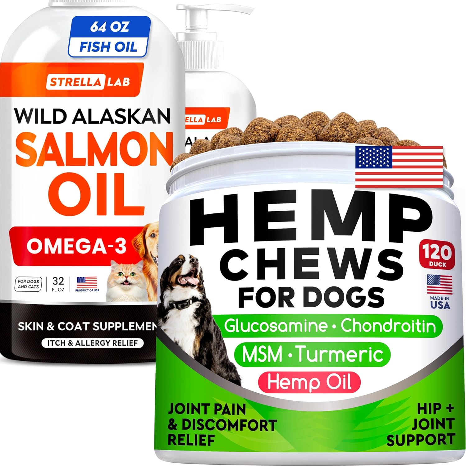 StrellaLab Salmon Oil 64 Oz (2-Pack) + Hemp Chews Bundle – Omega 3 for Skin, Coat & Itch Relief + Glucosamine, Hemp, MSM & Turmeric for Hip & Joint Pain & Mobility – EPA & DHA – Made in USA
