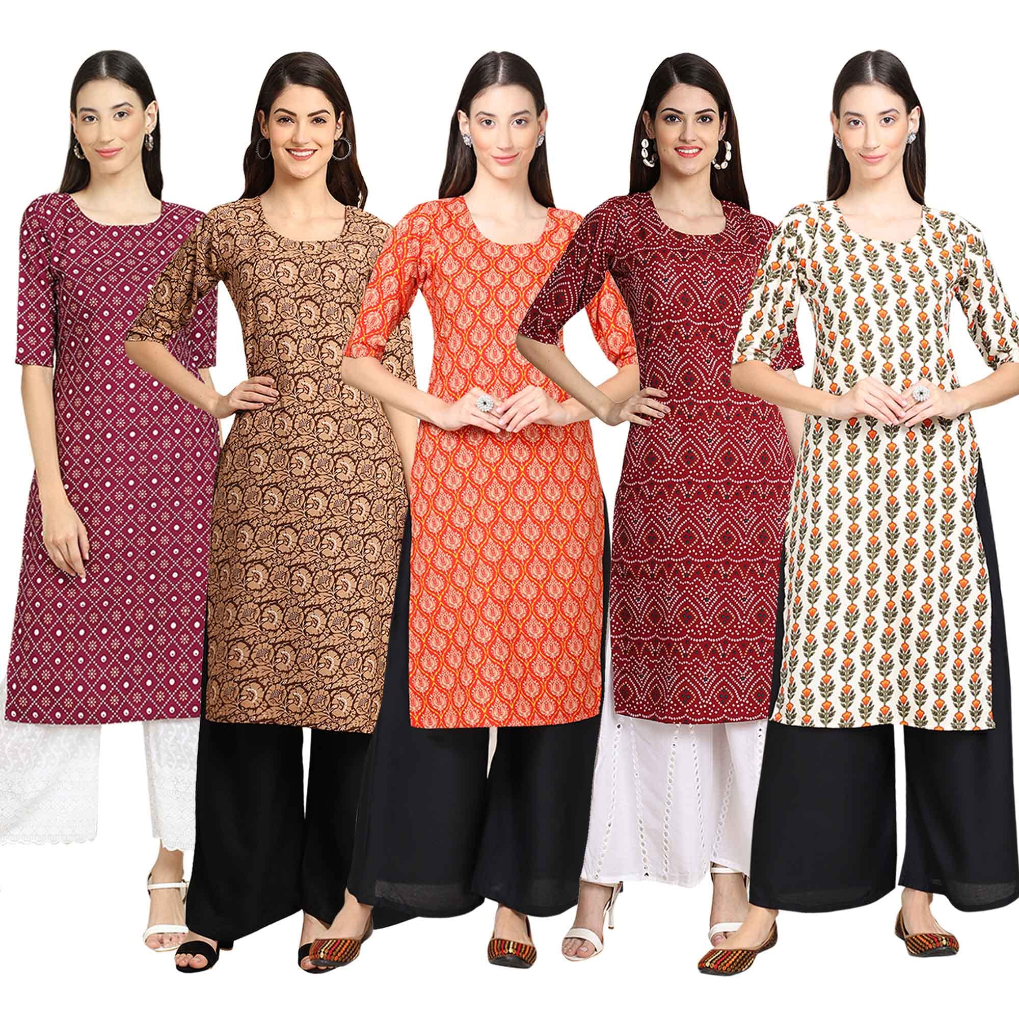PinkmintWomen's Crepe Digital Print Straight Kurta [Pack of 5] {CCV-346-349-357-375-379}