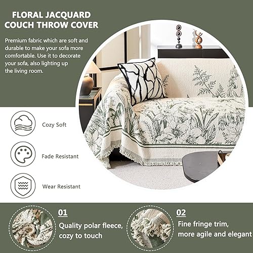Miniatura 4 de DREAMINGO Funda floral para sofá de 2 cojines, funda de felpa gruesa de 71 x 118 pulgadas, funda de sofá jacquard vintage con borlas para sala de