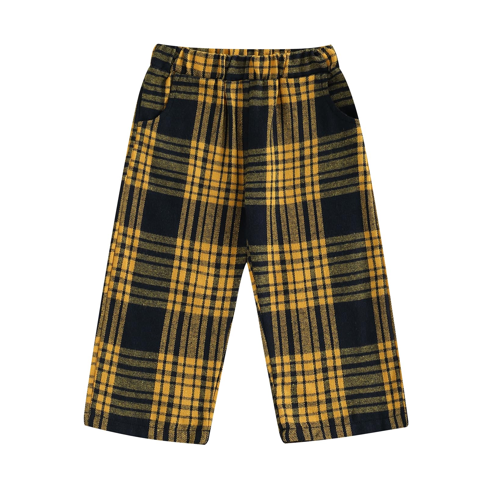 Toddler Baby Boy Girl Gingham Pants Retro Flannel Plaid Pants Fall Winter Elastic Waist Long Trousers with Pockets (Yellow, 4-5 Years)