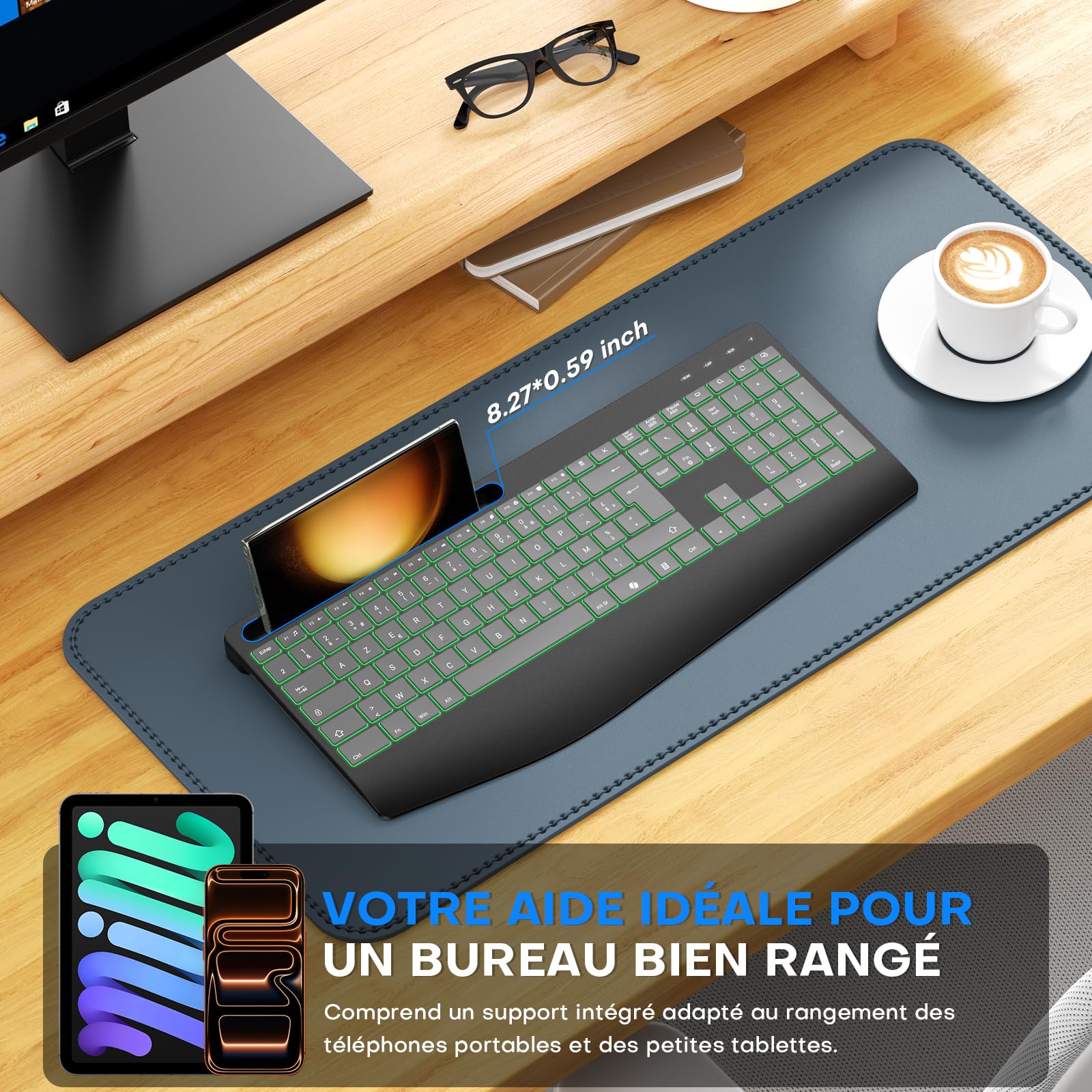 OMOTON Clavier sans Fil AZERTY Français, 2,4G Clavier Ergonomique Rechargeable avec Repose-Poignet, Wireless Keyboard Rétroéclairé, Compatible PC Windows/Linux, Idéal Bureau, Gris Graphite